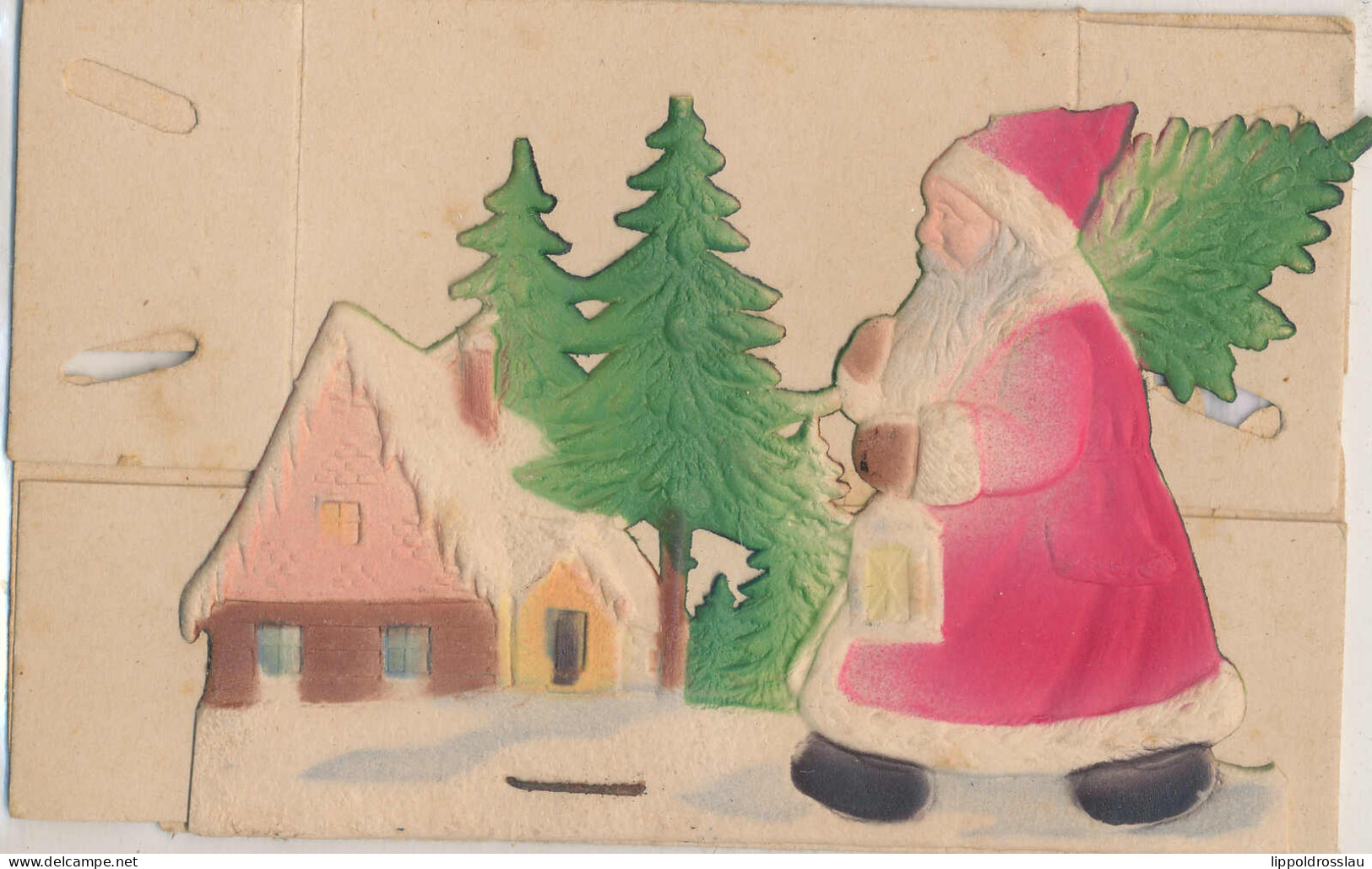 Weihnachtsmann Prägepappe Montiert An Faltbarem Karton 8x5x3,5 Cm, Pappe 12x8cm, Beste Erhaltung, Selten! - Sonstige & Ohne Zuordnung