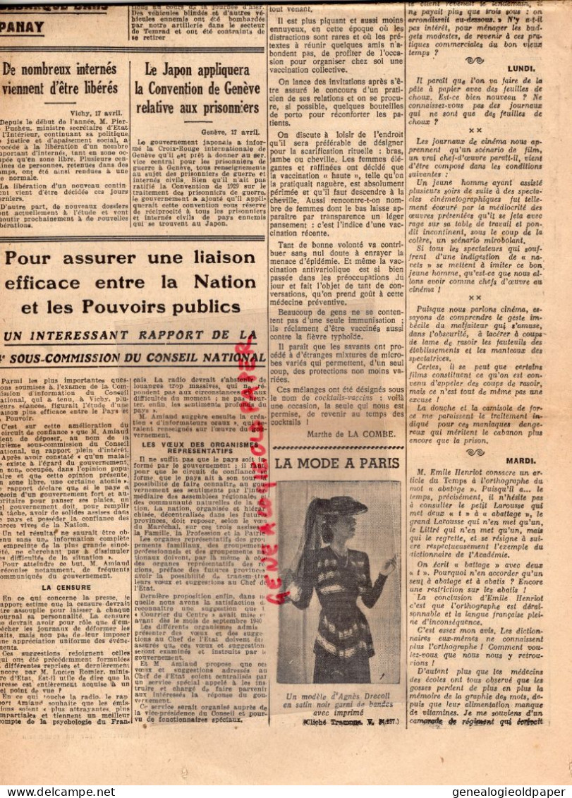 LIMOGES-GUERRE 1939-45- WW2-LE COURRIER DU CENTRE-18 AVRIL 1942-PETAIN LAVAL-SOUTHAMPTON LUFTWAFFE-BIRMANIE PHILIPPINES - Historische Documenten