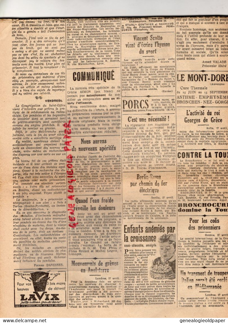 LIMOGES-GUERRE 1939-45- WW2-LE COURRIER DU CENTRE-18 AVRIL 1942-PETAIN LAVAL-SOUTHAMPTON LUFTWAFFE-BIRMANIE PHILIPPINES