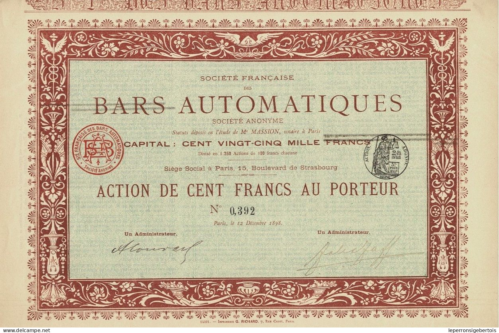 - Titre De 1898 - Société Française Des Bars Automatiques - Imprimerie Richard - Industrie