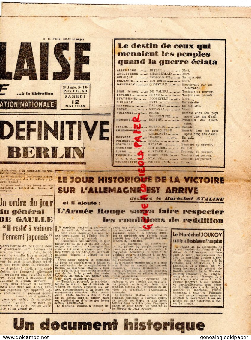 LIMOGES-GUERRE 1939-45- WW2-LA MARSEILLAISE DU CENTRE-12 MAI 1945-LIBERATION-GOERING-CAPITULATION ALLEMAGNE- - Documenti Storici