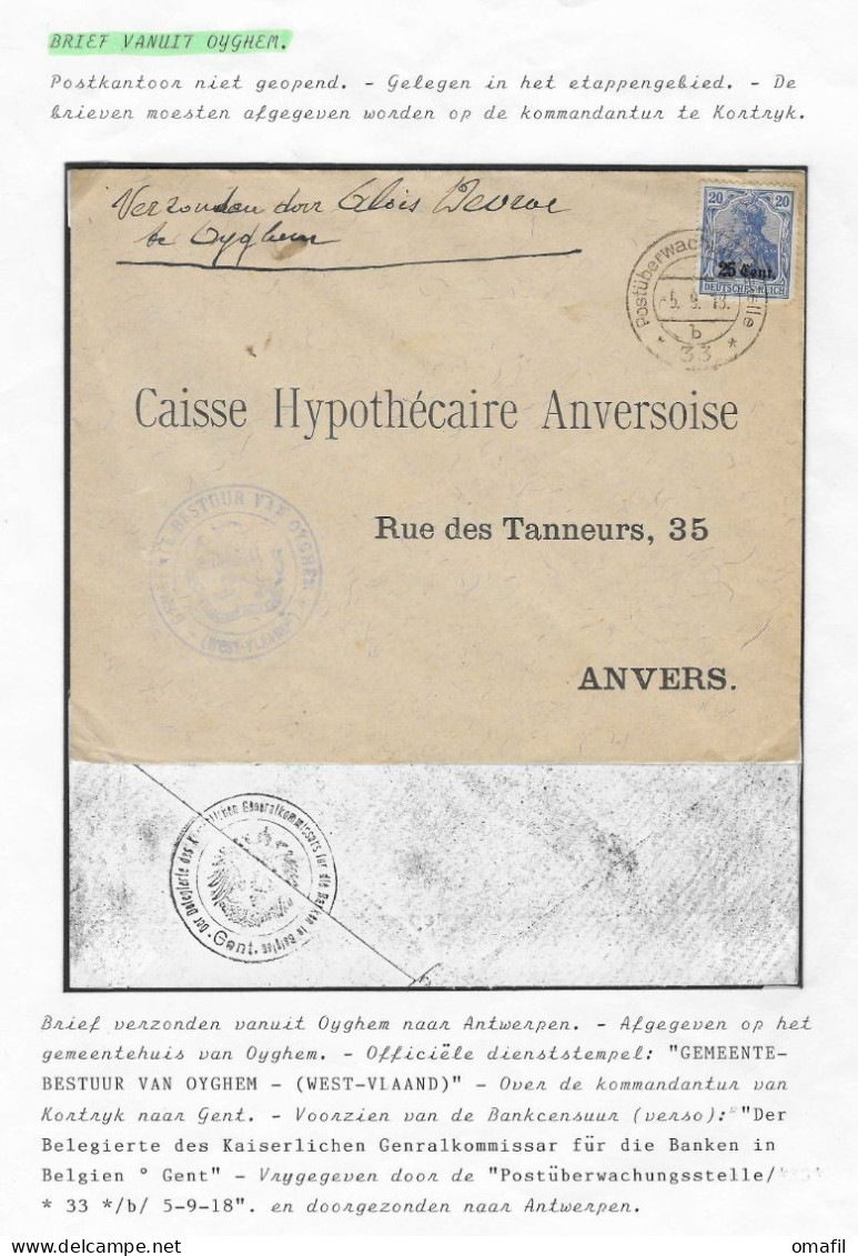 Brief Verstuurd Uit Oyghem 5.9.18 Naar Antwerpen Met Officiële Dienststempel - OC26/37 Territoire Des Etapes
