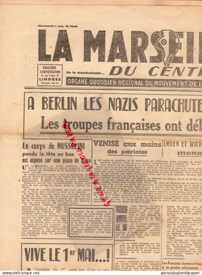 LIMOGES-GUERRE 1939-45- WW2-LA MARSEILLAISE DU CENTRE-1 MAI 1945-LIBERATION-OLERON-BERLIN NAZIS-MUSSOLINI-HIMMLER- - Historische Documenten