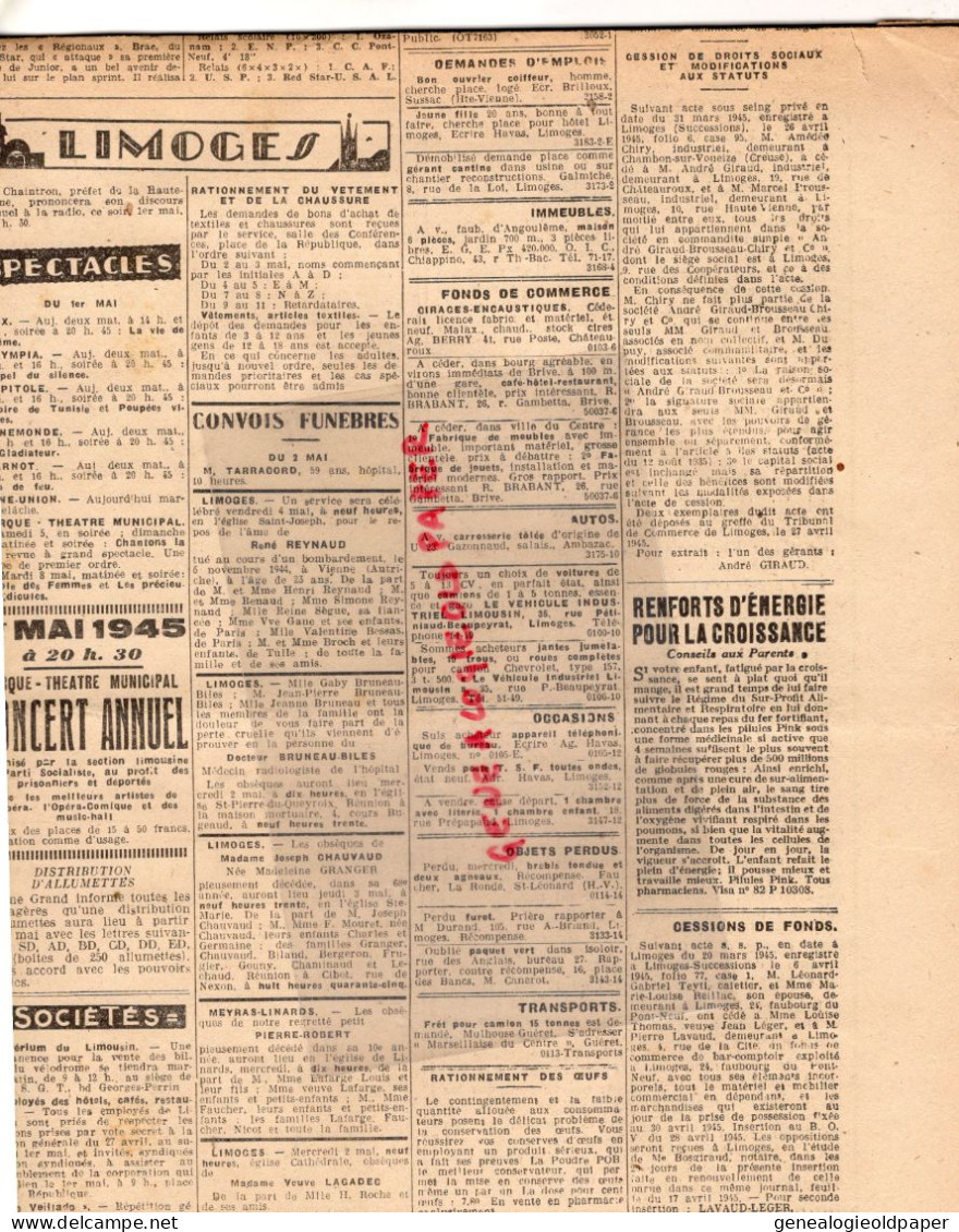 LIMOGES-GUERRE 1939-45- WW2-LA MARSEILLAISE DU CENTRE-1 MAI 1945-LIBERATION-OLERON-BERLIN NAZIS-MUSSOLINI-HIMMLER-