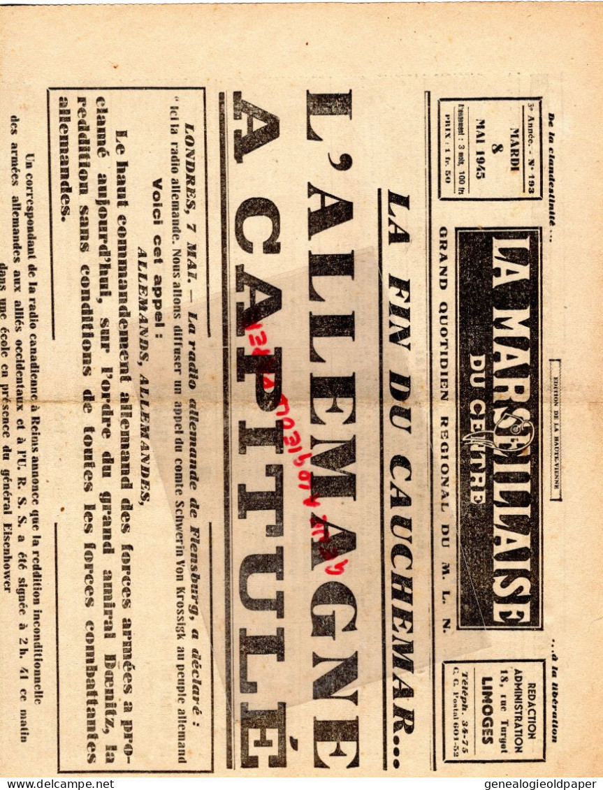 LIMOGES-GUERRE 1939-45- WW2-LA MARSEILLAISE DU CENTRE-8 MAI 1945-LIBERATION-CAPITULATION ALLEMAGNE-STALINE-EISENHOWER- - Documents Historiques