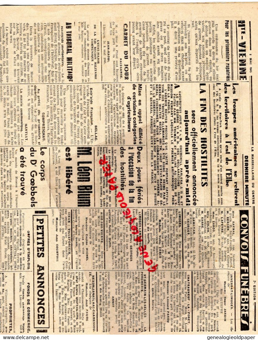 LIMOGES-GUERRE 1939-45- WW2-LA MARSEILLAISE DU CENTRE-8 MAI 1945-LIBERATION-CAPITULATION ALLEMAGNE-STALINE-EISENHOWER- - Historische Documenten