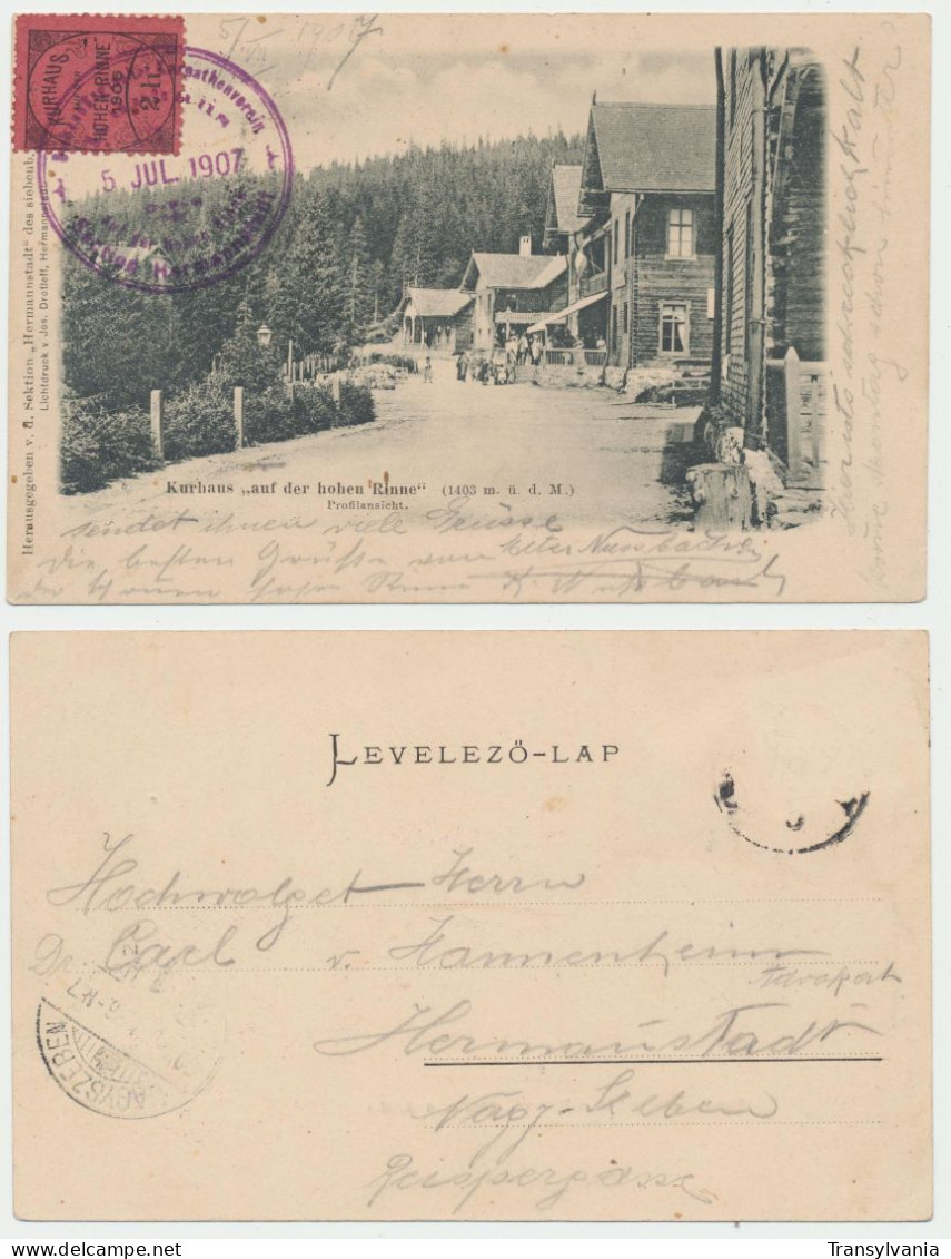 Hungary Now Romania Hohe Rinne Hotel Post 2 H From 1906 Local Stamp Used On Postcard In 1907 Summer - Emissioni Locali