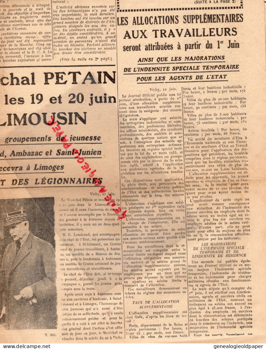 LIMOGES-GUERRE 1939-45- WW2-LE COURRIER DU CENTRE 13 JUIN 1941-PETAIN LIMOUSIN AMBAZAC-ST SAINT JUNIEN-SYRIE-PALESTINE- - Historical Documents