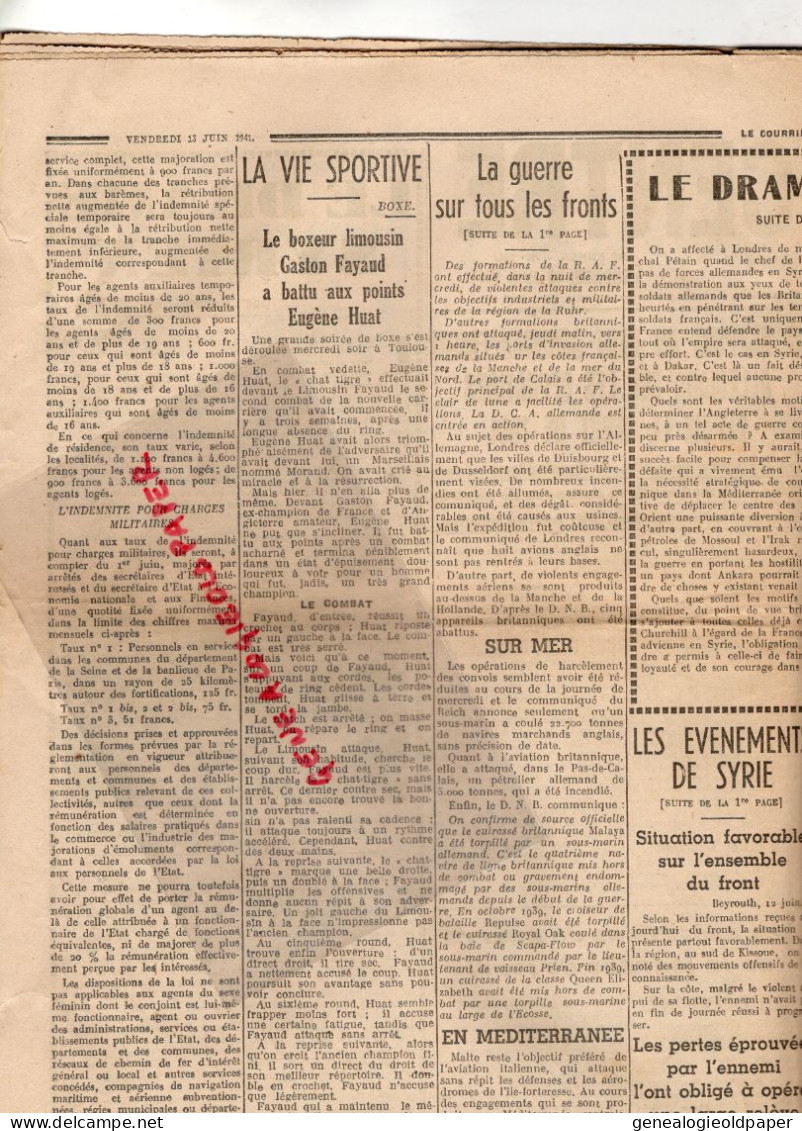 LIMOGES-GUERRE 1939-45- WW2-LE COURRIER DU CENTRE 13 JUIN 1941-PETAIN LIMOUSIN AMBAZAC-ST SAINT JUNIEN-SYRIE-PALESTINE- - Historische Dokumente