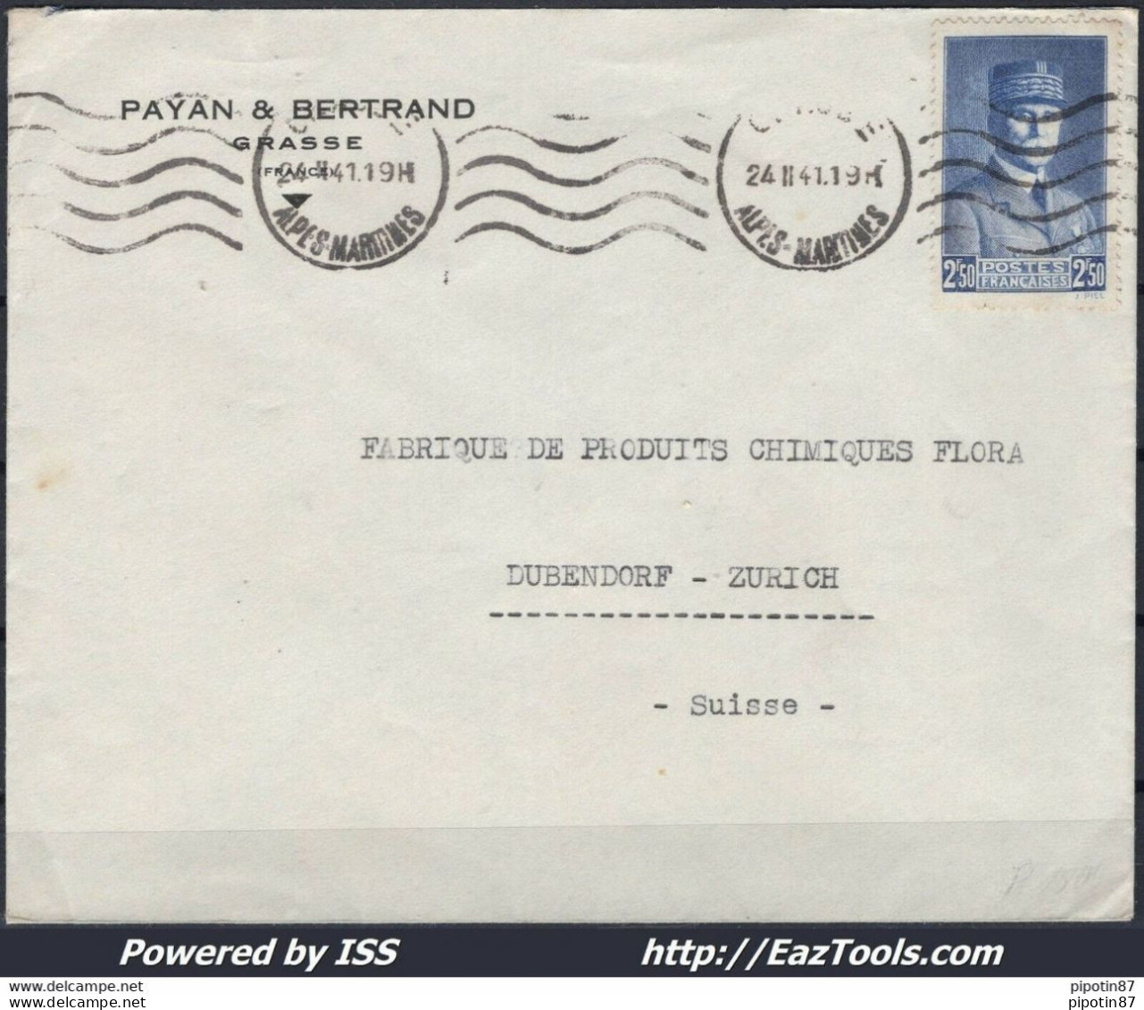 FRANCE PETAIN N° 473 SEUL SUR LETTRE POUR LA SUISSE DE GRASSE DU 24/02/1941 - Storia Postale