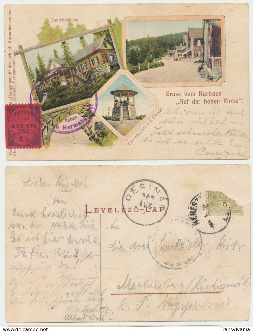 Hungary Now Romania Hohe Rinne Hotel Post 2 H From 1906 Stamp Used On Postcard In 1907 With Rare Resinar Transit - Emisiones Locales