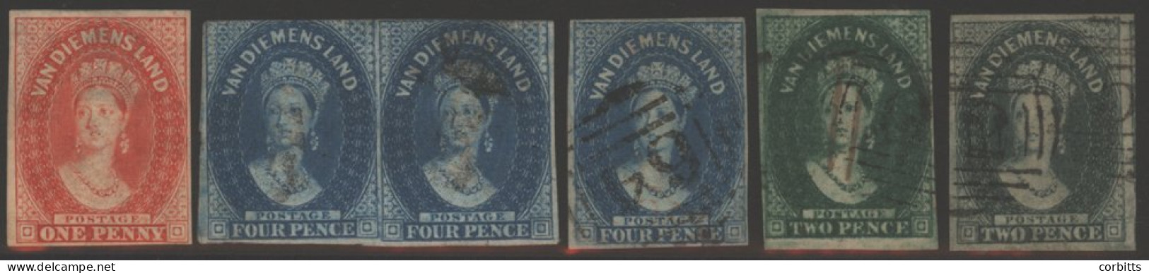 1856 4d Blue With Four Margins U, Also Pair (3 Margins) And Two 1857 2d Green Shades (4 Margins), Plus 1d Pale Red (unus - Autres & Non Classés