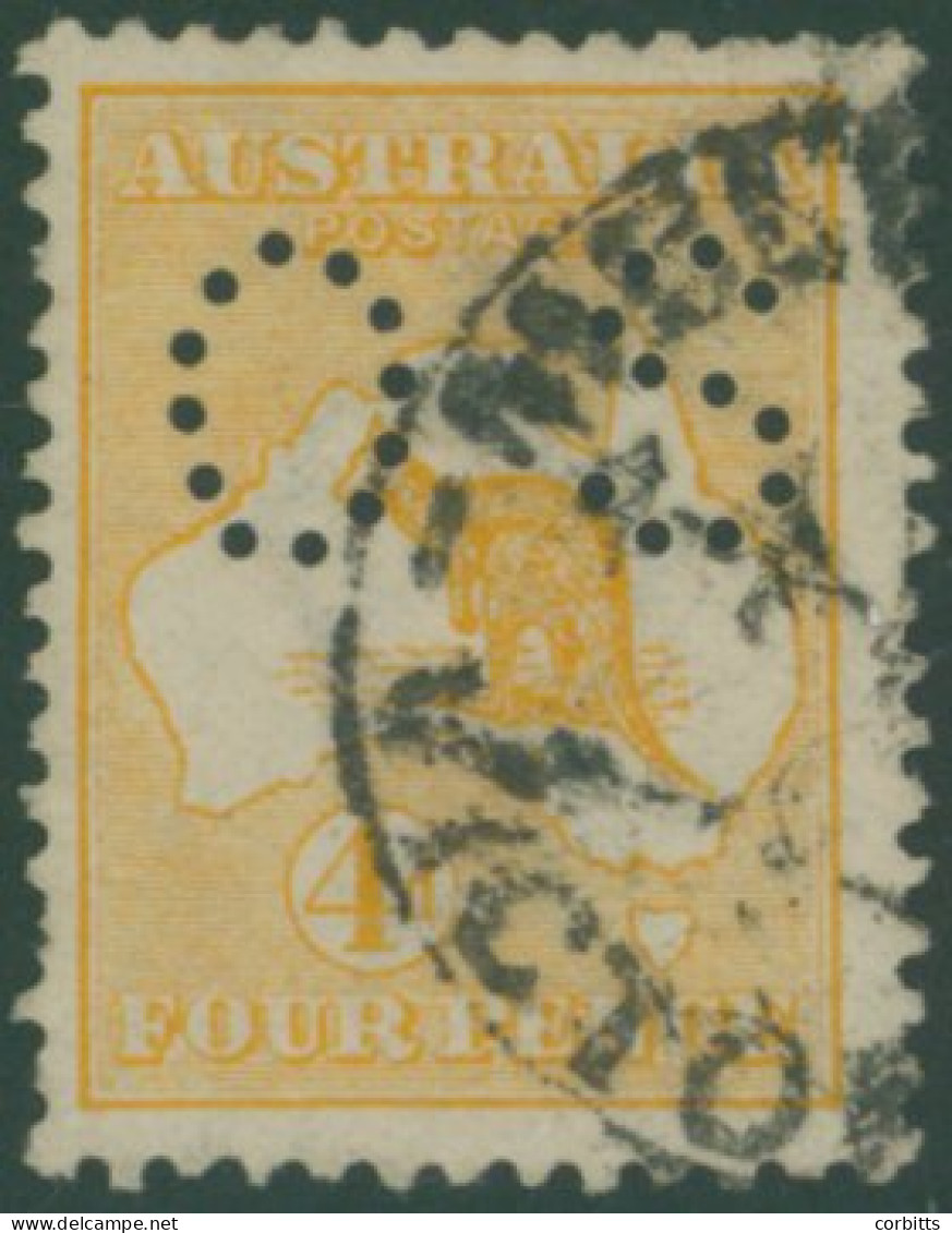 1914 Official 4d Orange Yellow, Punctured Type '02' Centred To Left, Used Example, Couple Of Short Perfs, SG.O21a. (1) C - Other & Unclassified