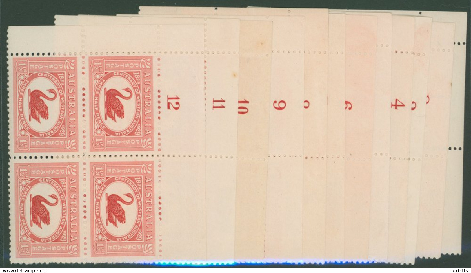 1929 1½d Centenary Set Of Twelve Plate Blocks Of Four, Each From The Top Left Corner, Hinged On The Selvedge Only, SG.11 - Other & Unclassified