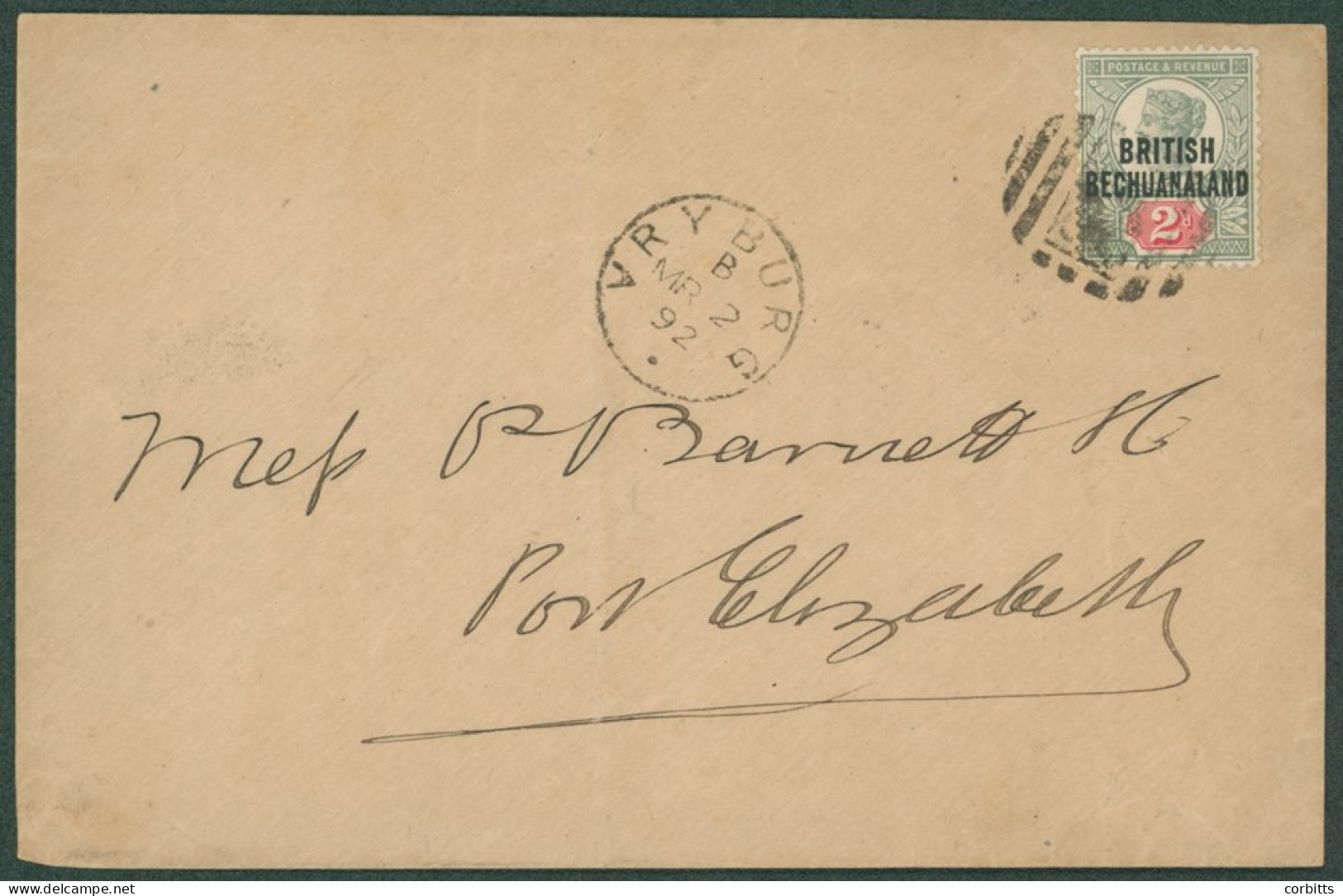 1892 (2 Mar) Envelope To Port Elizabeth, Bearing 1891 2d Tied By '555' Barred Numeral And Showing 'VRYBURG' C.d.s. On Fa - Sonstige & Ohne Zuordnung