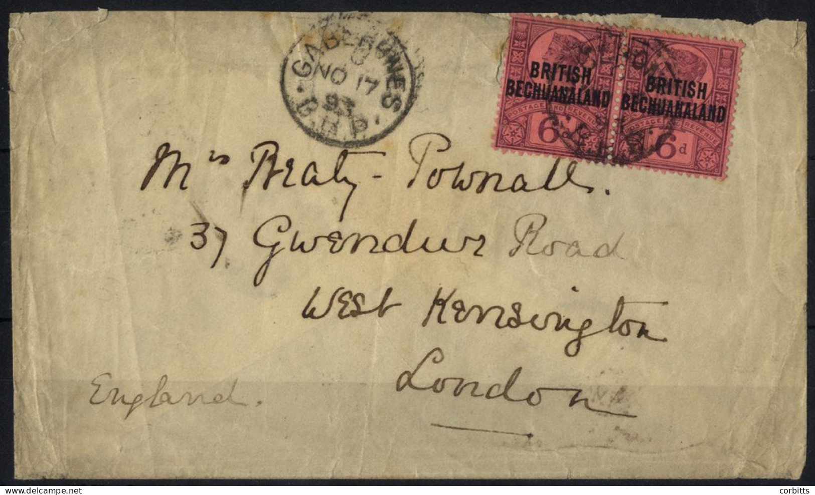 1893 (17 Nov) Double Rate Envelope To London, Bearing 1891 6d Pair Sharing 'GABERONES/B.P.P' C.d.s With Another Strike A - Other & Unclassified