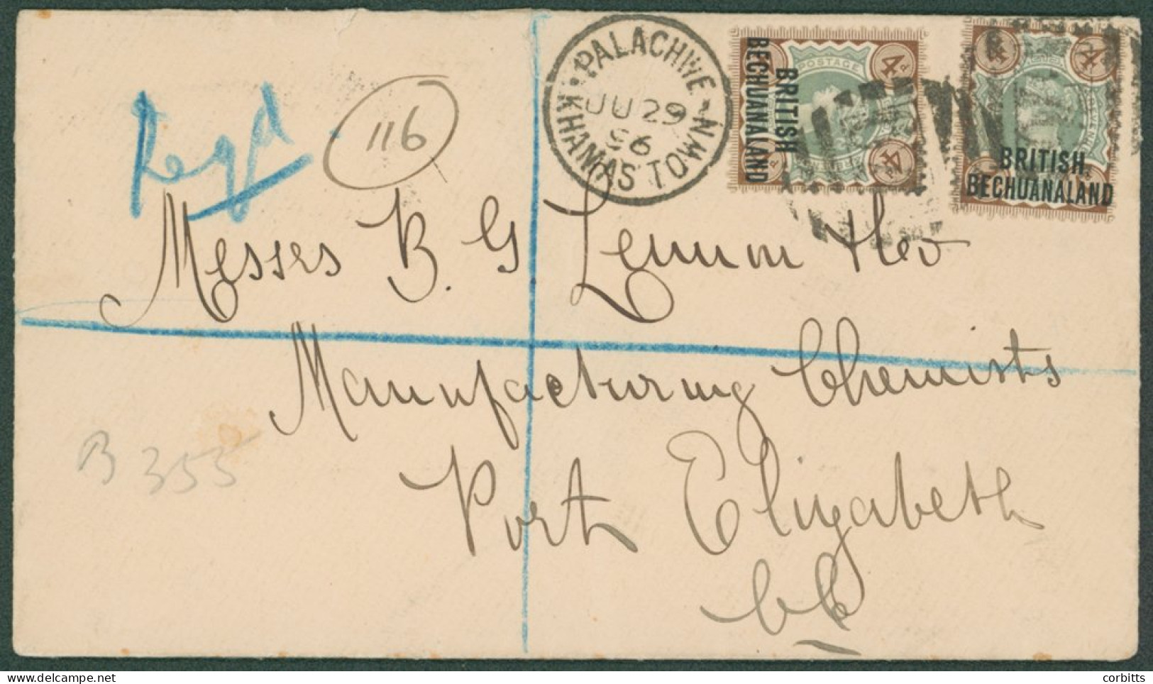 1896 (29 Jun) Envelope Registered To Port Elizabeth, Bearing 1891 4d (2) Tied By '676' Barred Numeral With 'PALACHWE/KHA - Otros & Sin Clasificación
