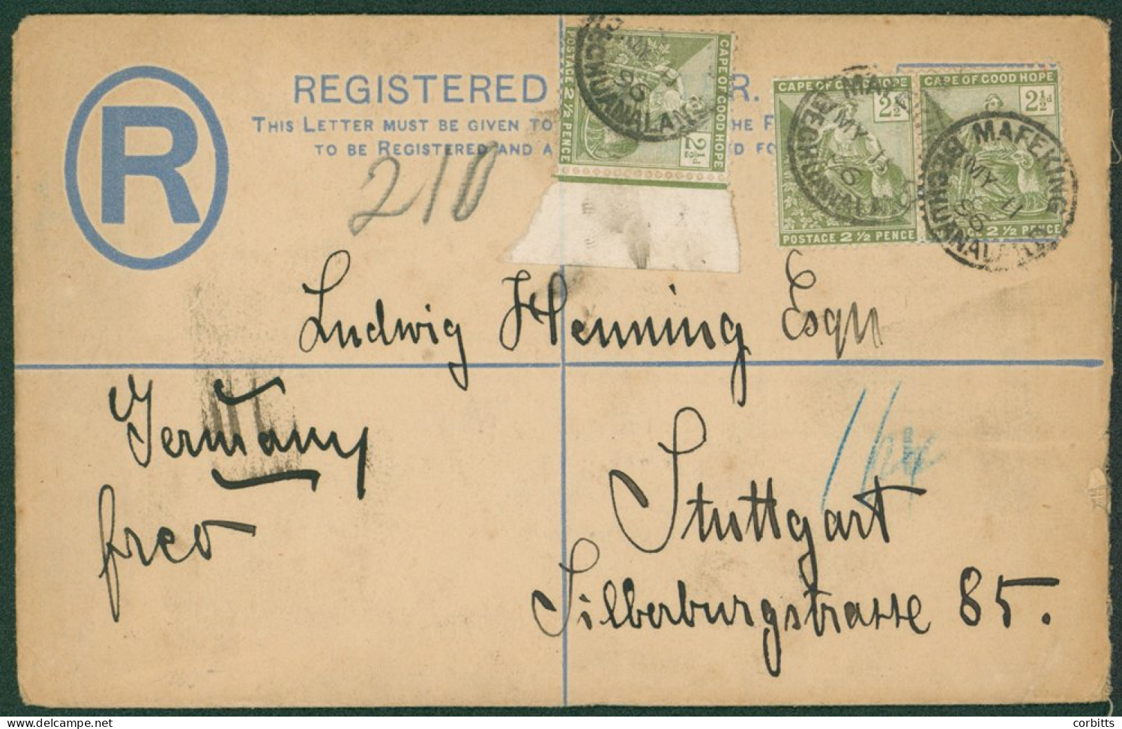 1896 Cape 4d Reg Letter Envelope (size G) Uprated 2½d (3) C.O.G.H Adhesives, Tied 'MAFEKING/BECHUANALAND/MY 11 96' C.d.s - Other & Unclassified