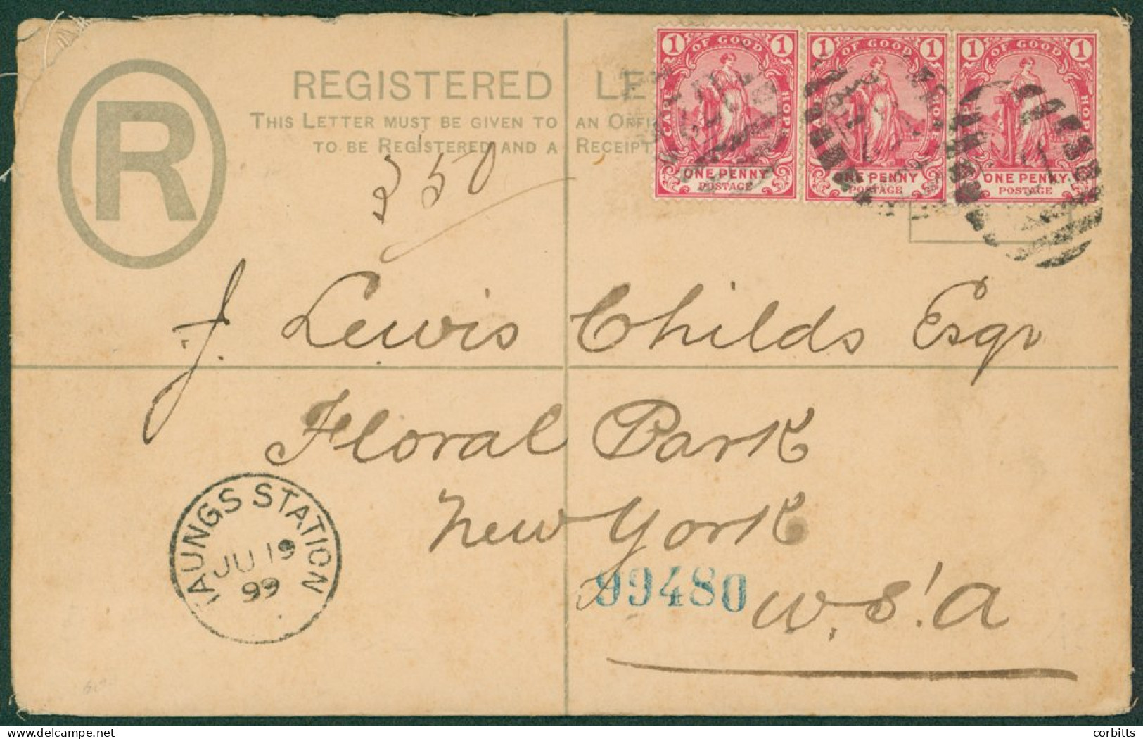 1899 4d Reg Letter Envelope Addressed To New York, Uprated 1d (3), Tied Barred Numeral '172' With TAUNGS STATION/JU 19 9 - Sonstige & Ohne Zuordnung