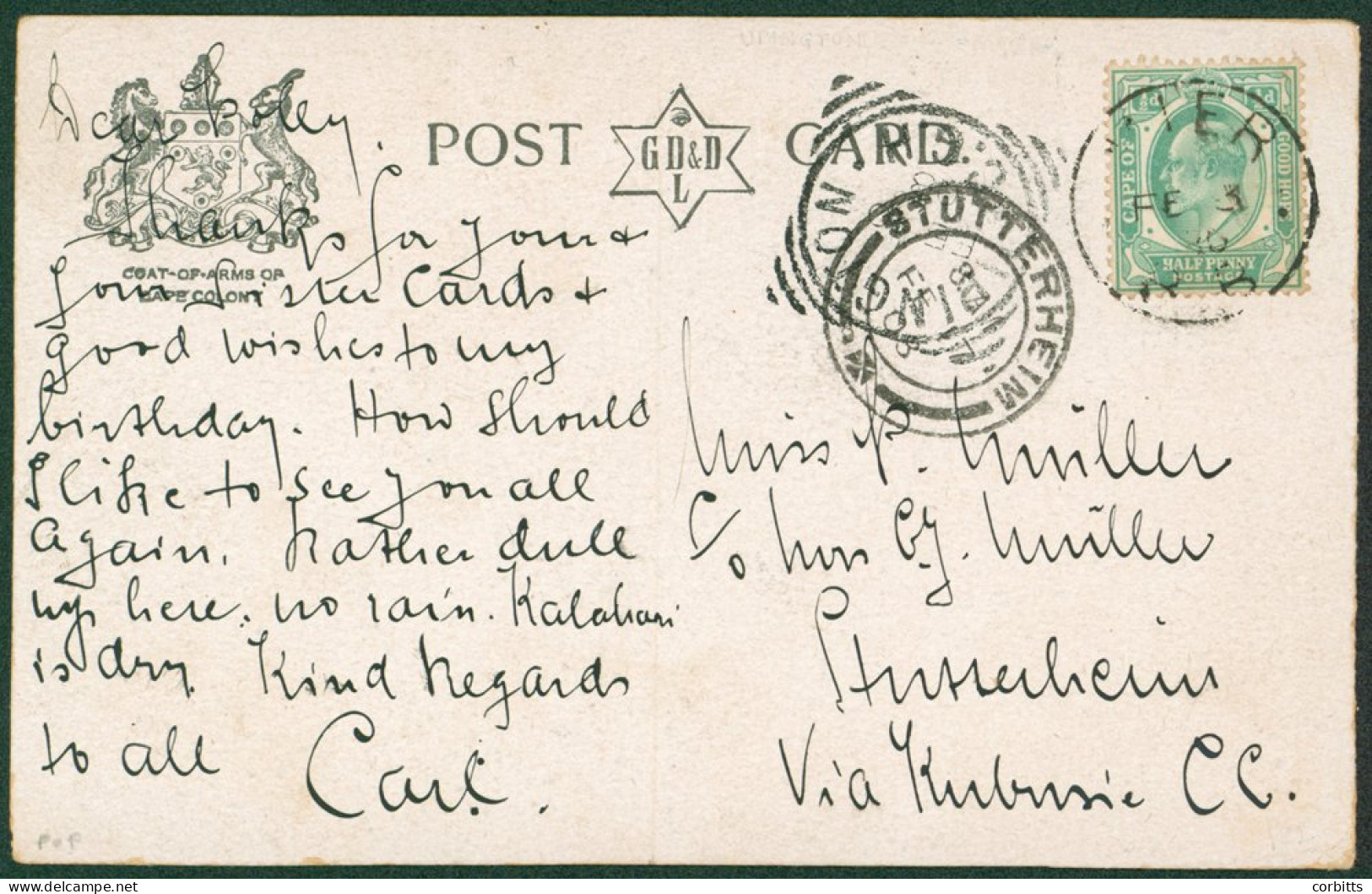 1908 PPC Sent To Stutterheim By The Mier Camel Post, Franked ½d Cape, Tied 'MIER/B.B/FE 3 08' C.d.s, BINGTON & STUTTERHE - Other & Unclassified