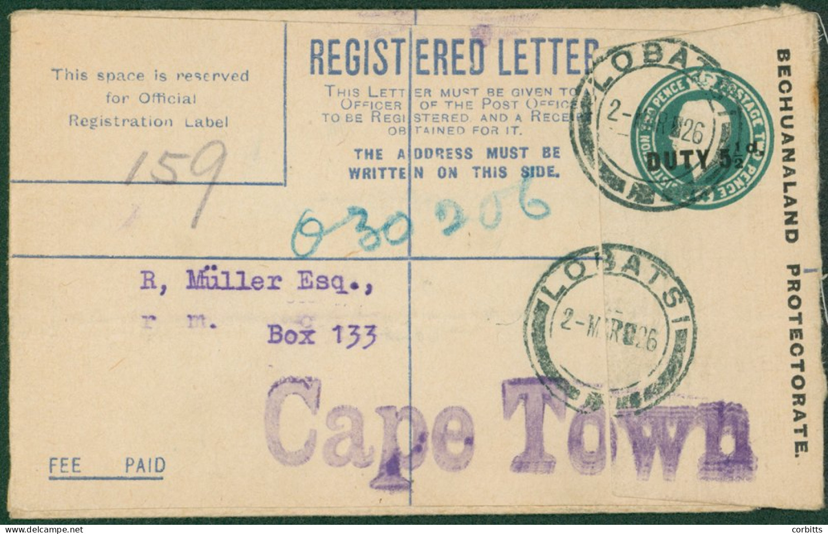 1926 2d + 3d Reg Letter Envelope (size F) Overprinted 'DUTY 5½d' Tied 'LOBATSI/2 MAR 26' D/stamp, Addressed To Cape Town - Andere & Zonder Classificatie
