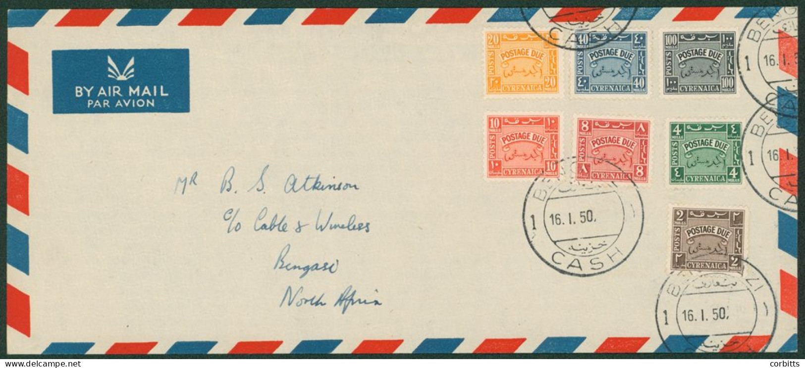 CYRENAICA 1950 Postage Due Set Complete (SG.D149/D155) On An Airmail Cover Used Locally In Bengazi, Cancelled BENGAZI 16 - Other & Unclassified