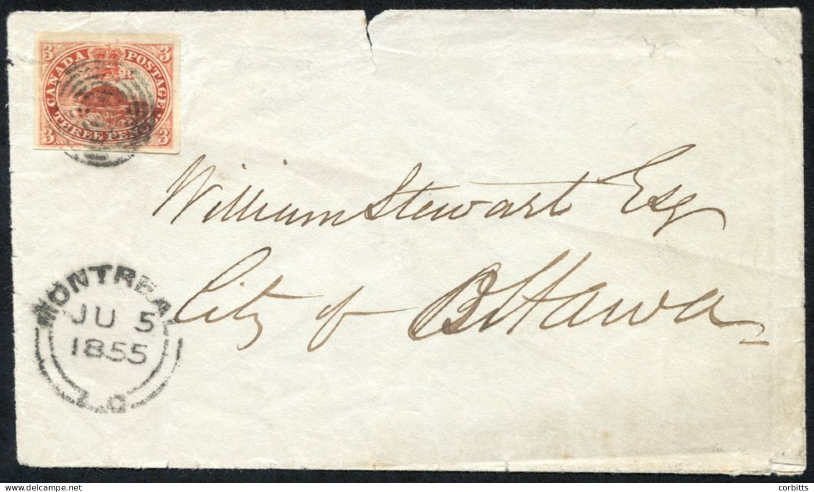 1855 Envelope, Montreal (JU 5) To Ottawa With A 3d On Thin Wove Paper (large Even Margins), Tied By A Concentric Rings C - Andere & Zonder Classificatie
