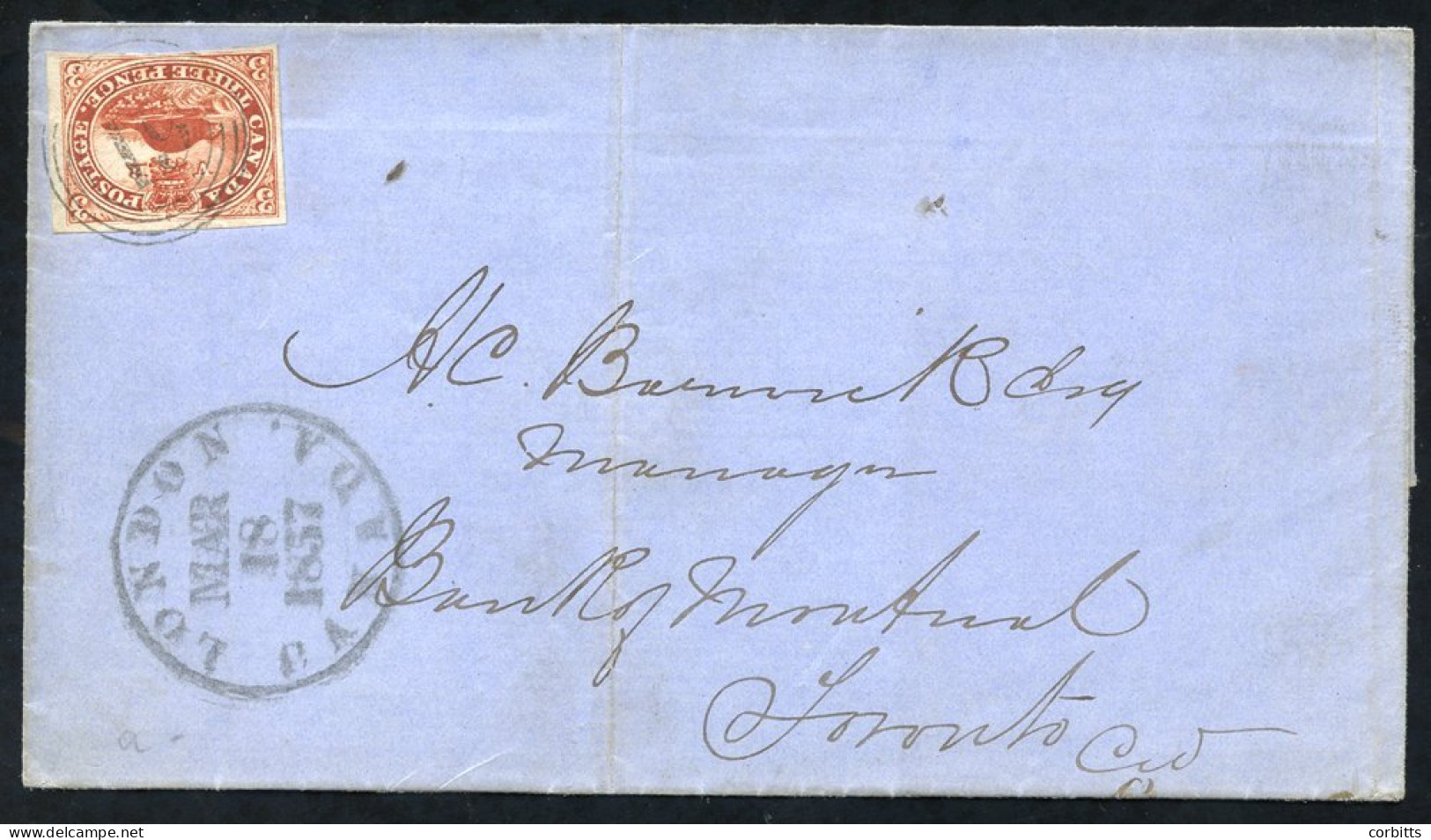 1857 (March 18th) Entire From London (Canada) To Toronto, Franked 3d Red 'Beaver' (SG.18) Four Margined Example, Tied By - Other & Unclassified