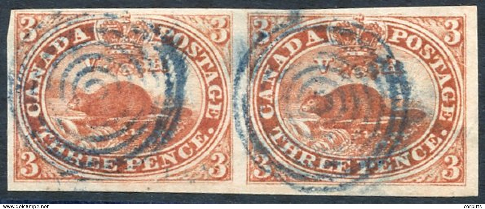 1857 3d Red 'Beaver' Horizontal Pair With Small To Large Margins, Both With Bluish Black Target Cancel. Fine. SG.18. (2) - Autres & Non Classés