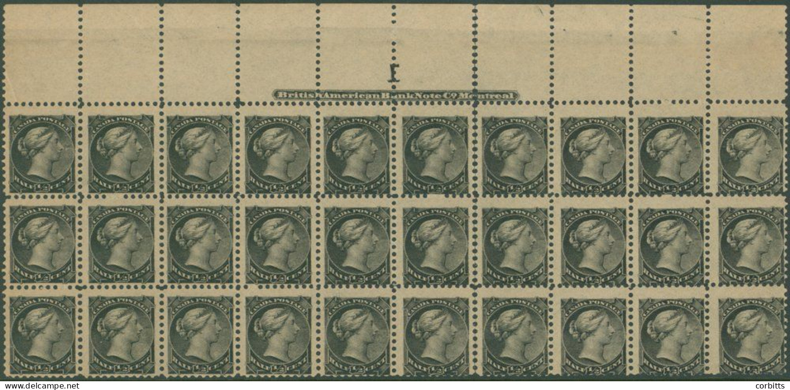 1882-97 Montreal/Ottawa Printing ½c Black Top Marginal Block Of Thirty (split After 6th Stamp), Full O.g, Minor Faults, - Other & Unclassified