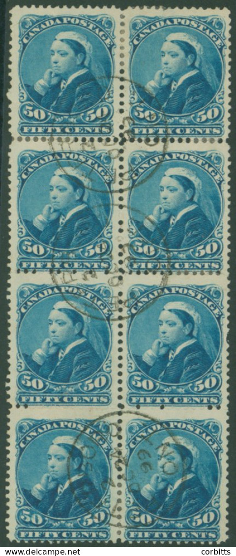 1893 50c Blue, VFU Block Of Eight With Three Strikes Of 'PETERBORO ONT' C.d.s's For OCT.24.99 Stamps Centred Low, Most A - Andere & Zonder Classificatie