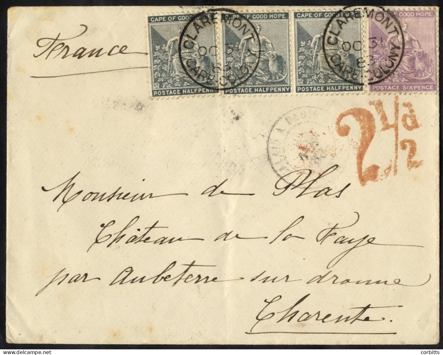 1883 (31 Oct) Envelope To Chartres, France, Bearing ½d (3) & 6d, Cancelled By 'CLAREMONT/CAPE COLONY' C.d.s, Showing Red - Sonstige & Ohne Zuordnung