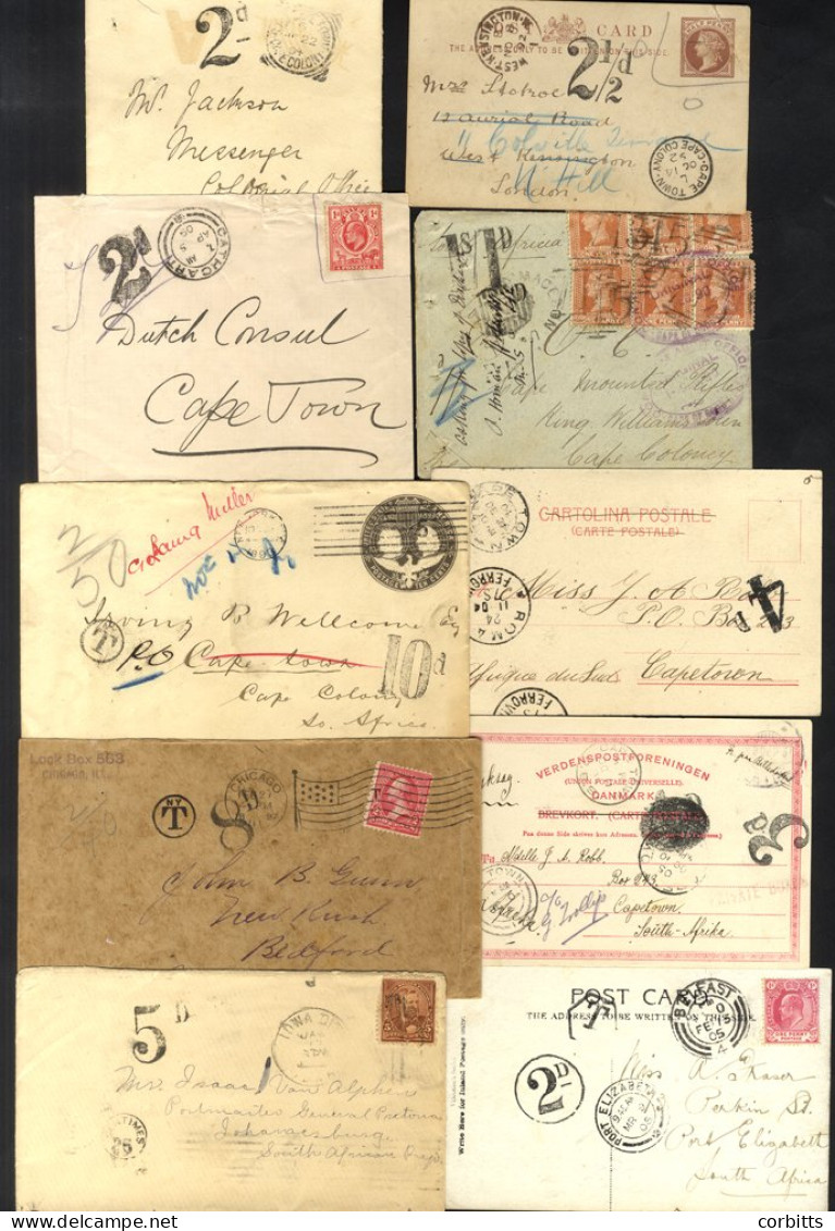 TAX HAND STAMPS 1892-1909 On Envelopes (6), Stationery Card & PPC's (3) Incl. Mail From Denmark, Italy (3) And Victoria, - Autres & Non Classés