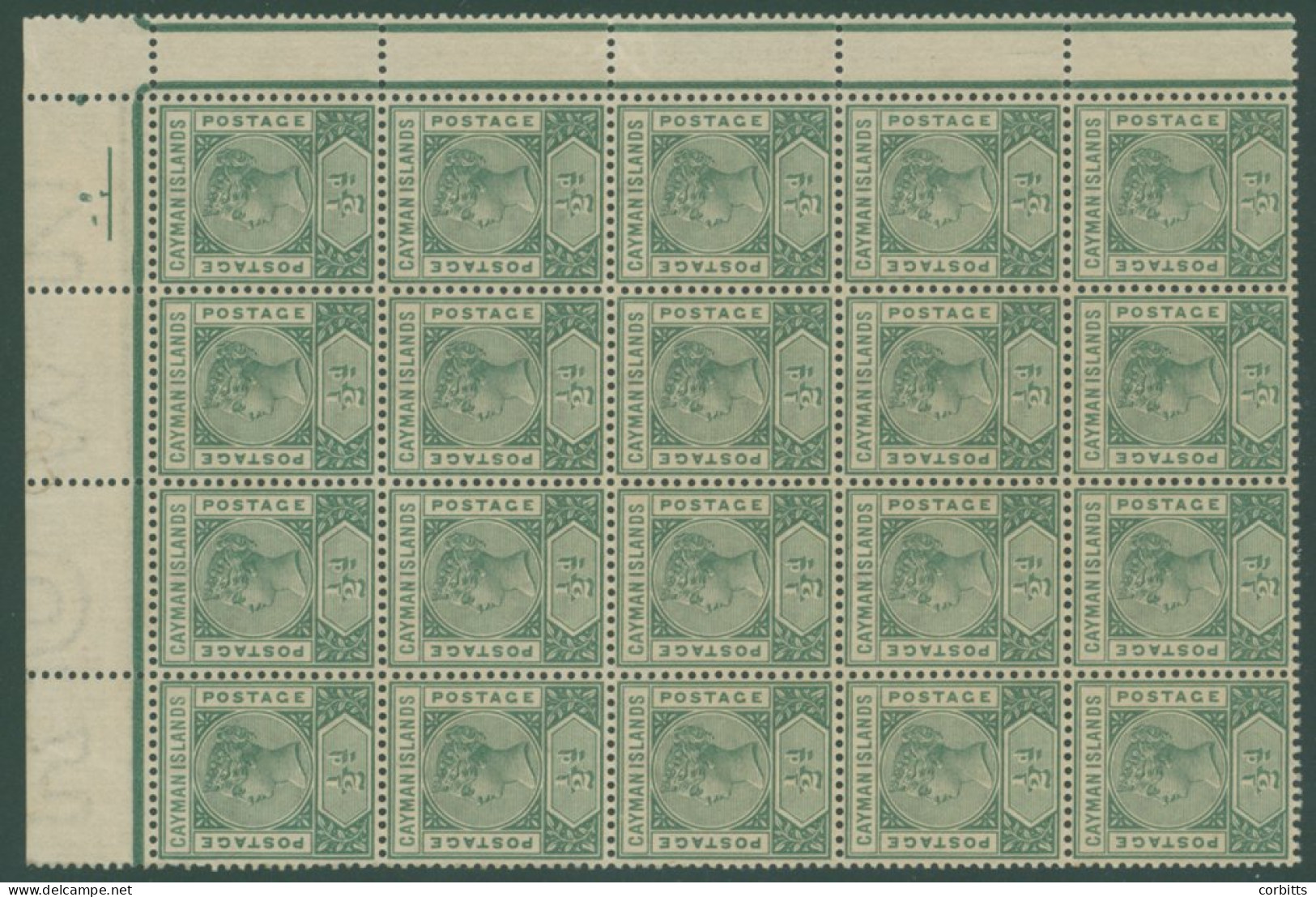 1900 ½d Deep Green Top Right Block Of Twenty From The Left Hand Pane, UM (toned Gum), SG.1, Cat. £380 (20) - Autres & Non Classés