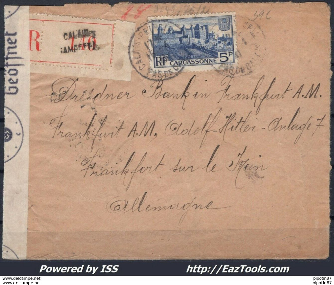 FRANCE N° 392 SEUL SUR LETTRE POUR FRANCFORT DU 15/04/1941 + CENSURE ALLEMANDE - Covers & Documents