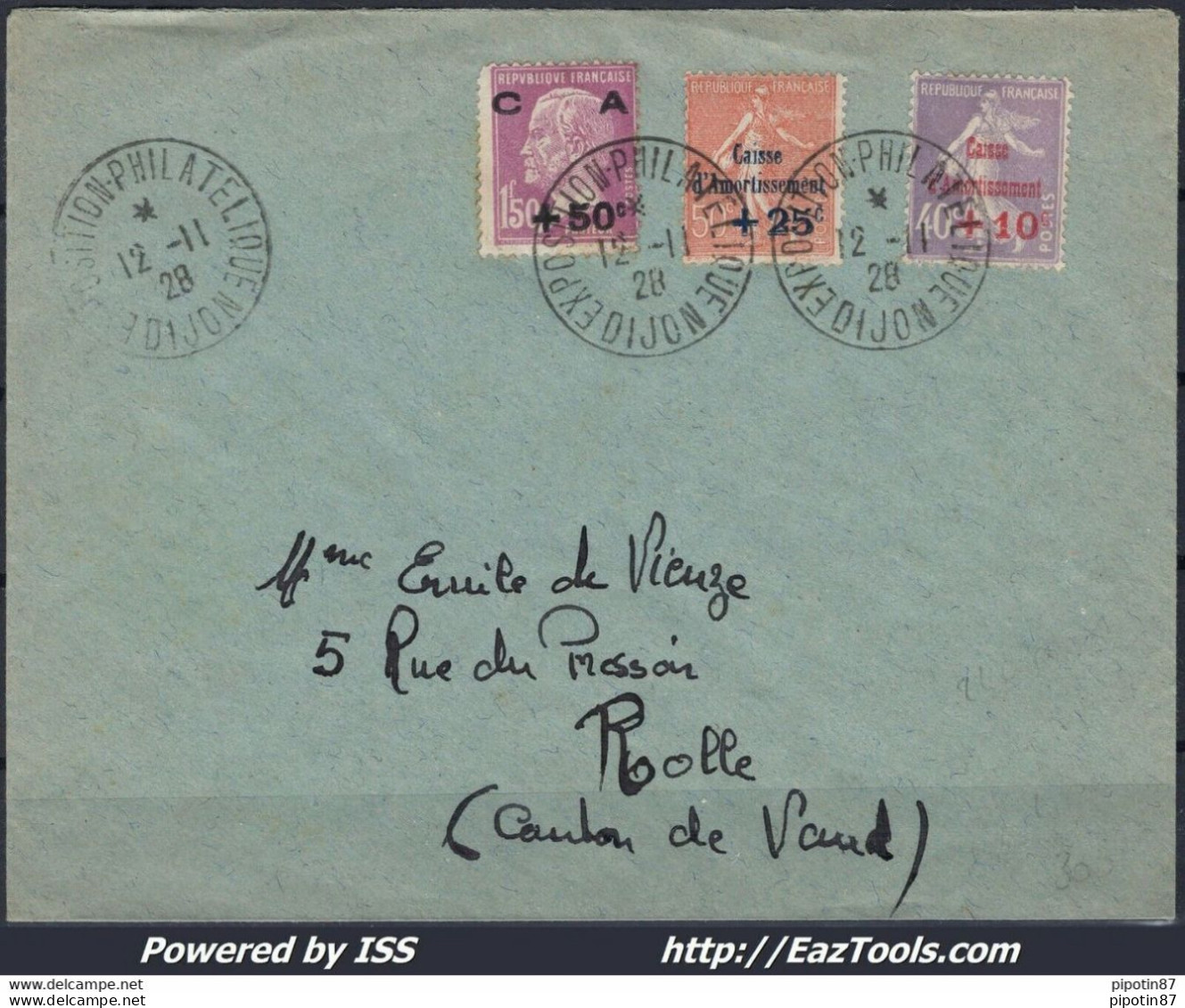 FRANCE SERIE CAISSE AMORTISSEMENT N° 249/251 SUR LETTRE POUR ROLLE SUISSE CAD EXPO DIJON DU 12/11/1928 - Briefe U. Dokumente