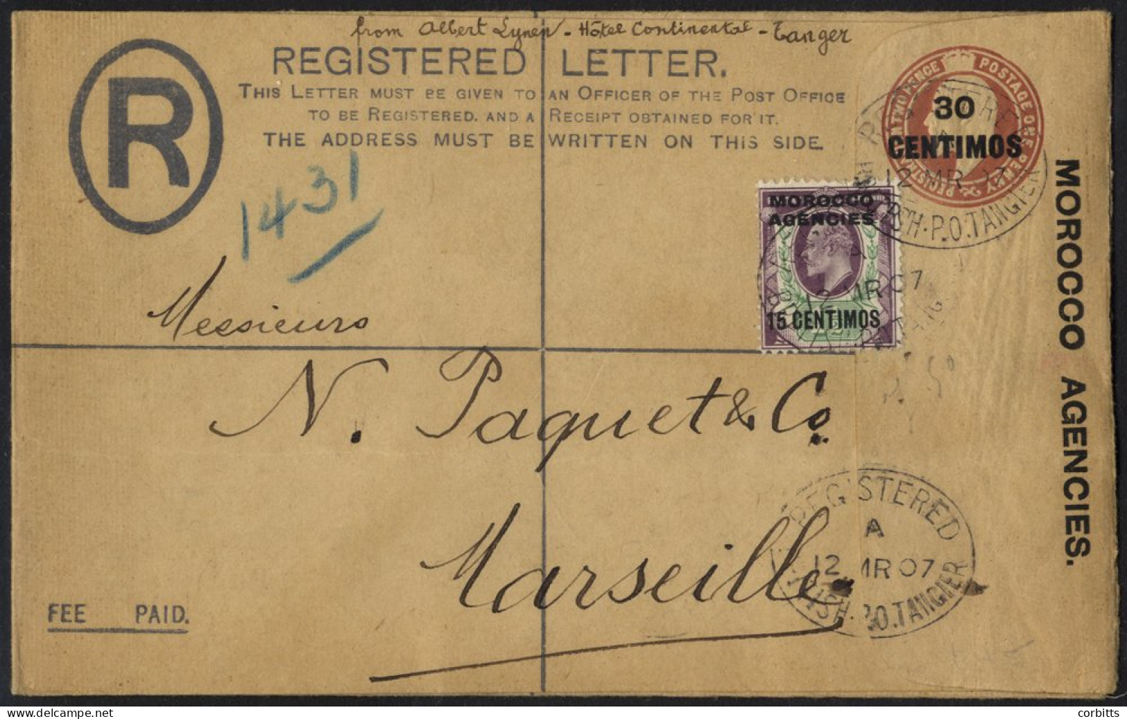 1907 30c Registered Envelope Uprated With 15c From Tangier To Marseille Cancelled Fine Reg Ovals 'B.P.O Tangier' D/stamp - Otros & Sin Clasificación