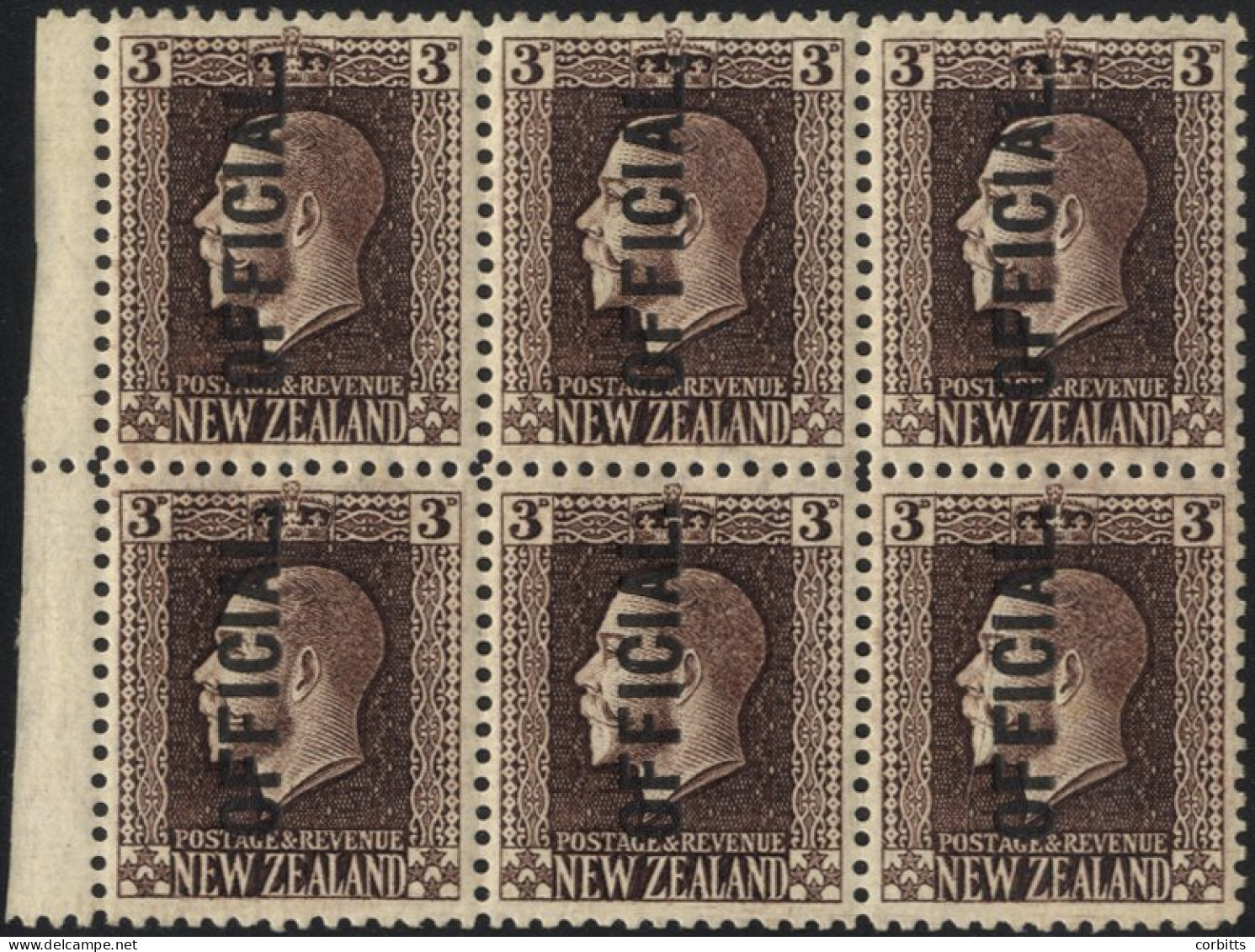 OFFICIALS 1915-34 3d Chocolate P.14 In A Left Marginal M Block Of Six (4x UM) - Gum Toned, SG.O99b. (6) Cat. £420+ - Other & Unclassified