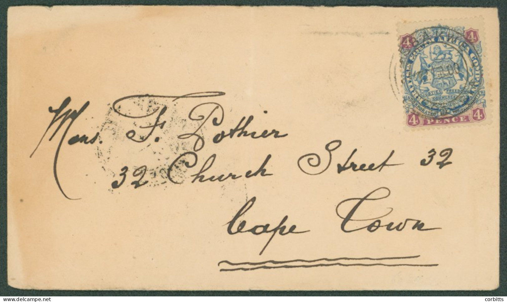 1900 (17 Feb) Envelope To Cape Town, Bearing 1896-97 Large Arms 4d Tied By 'SEBAKWE/RHODESIA' Double Ring D/stamp And Sh - Other & Unclassified