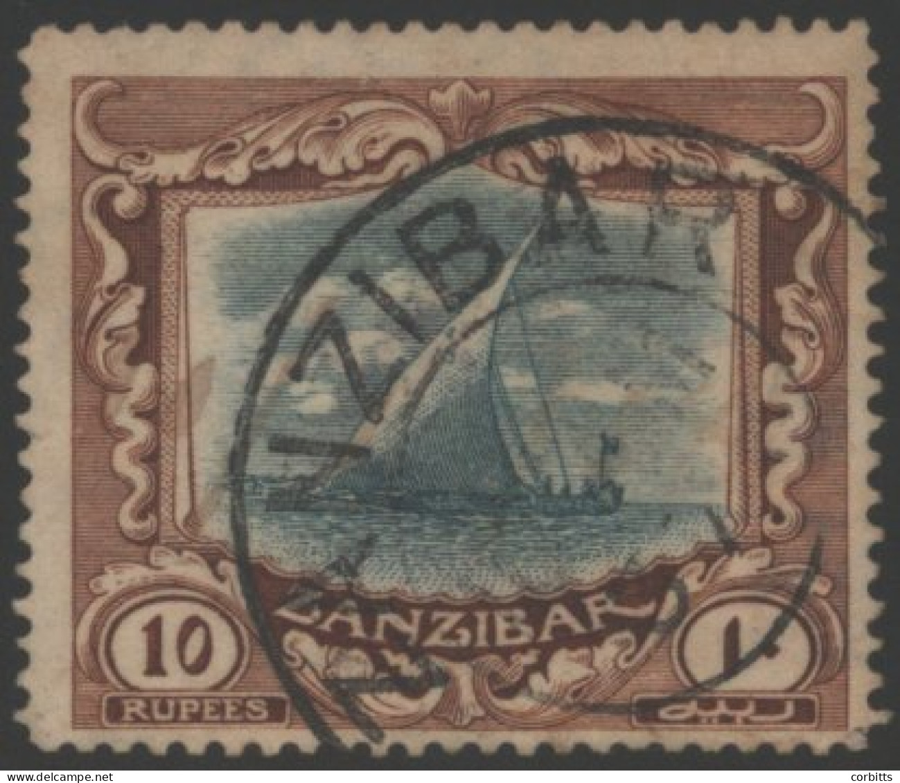 1913 Wmk Rosettes 10r Green & Brown, FU With Zanzibar Double Ring C.d.s, SG.260. (1) Cat. £425 - Otros & Sin Clasificación