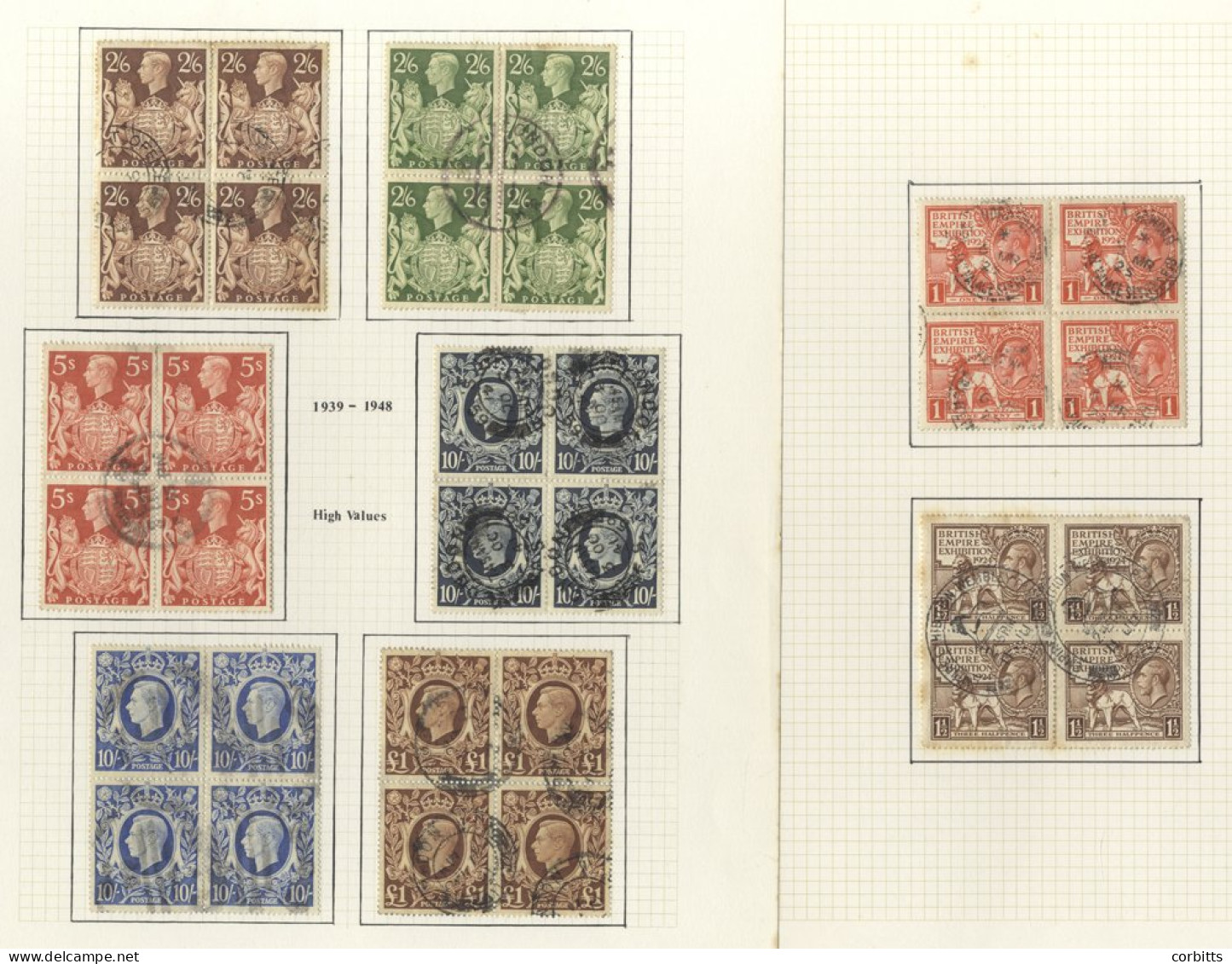 1924-1976 Collection On Leaves Comprising Used Blocks Of Four, Incl. 1924 Wembley (& 1925 1d), 1934 Re-engraved 2/6d & 1 - Other & Unclassified