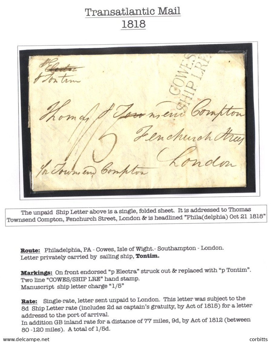 ISLE OF WIGHT Ship Letters 1818 EL Ex Philadelphia To London Endorsed 'p.Tontim' With Very Fine & Late Strike Of The Sca - Sonstige & Ohne Zuordnung