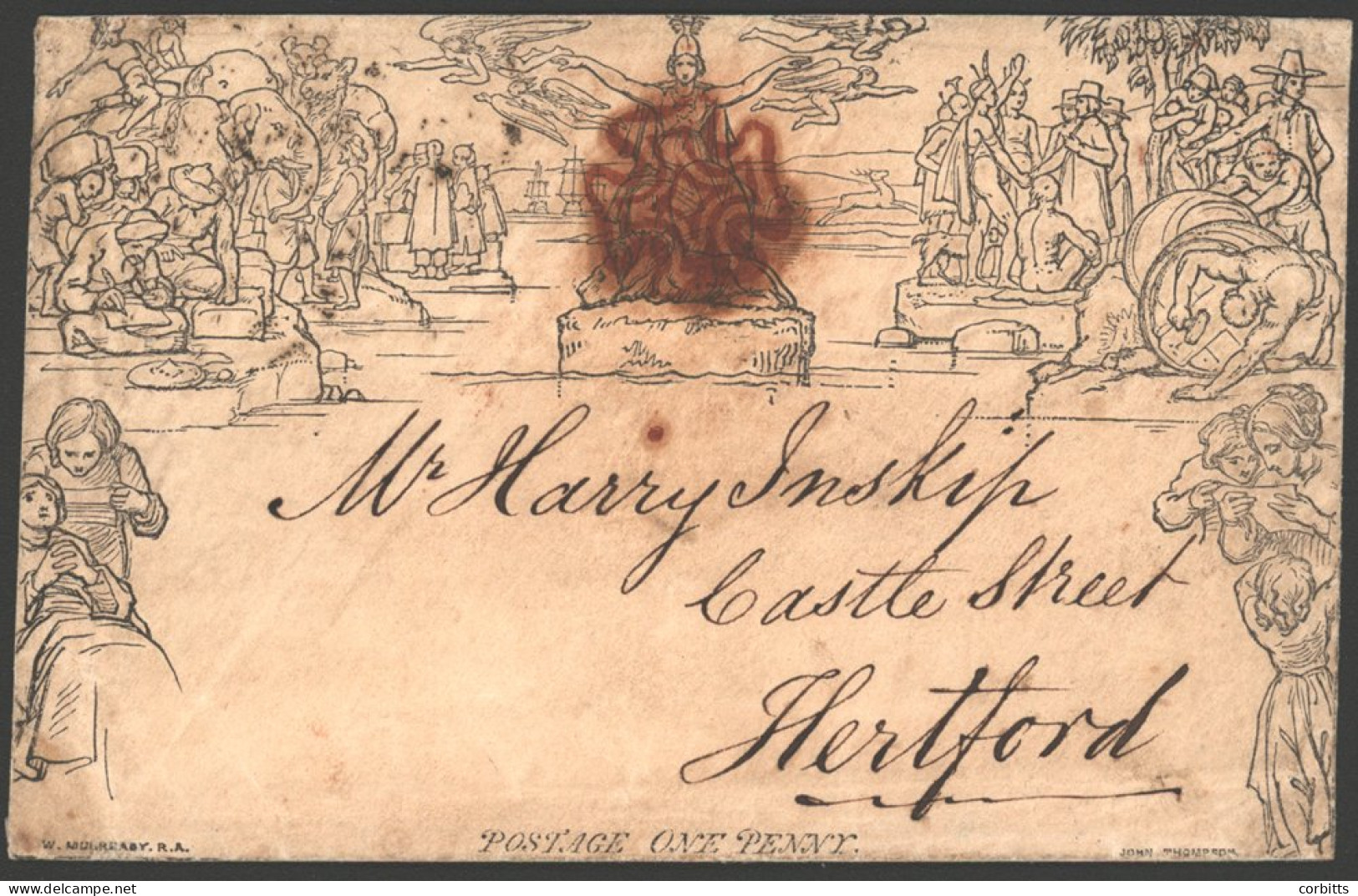 1841 Feb One Penny Envelope, Stereo A144, Forme 2 From Royston, Hertfordshire To Hertford, Cancelled By A Bold Red MC. - Other & Unclassified