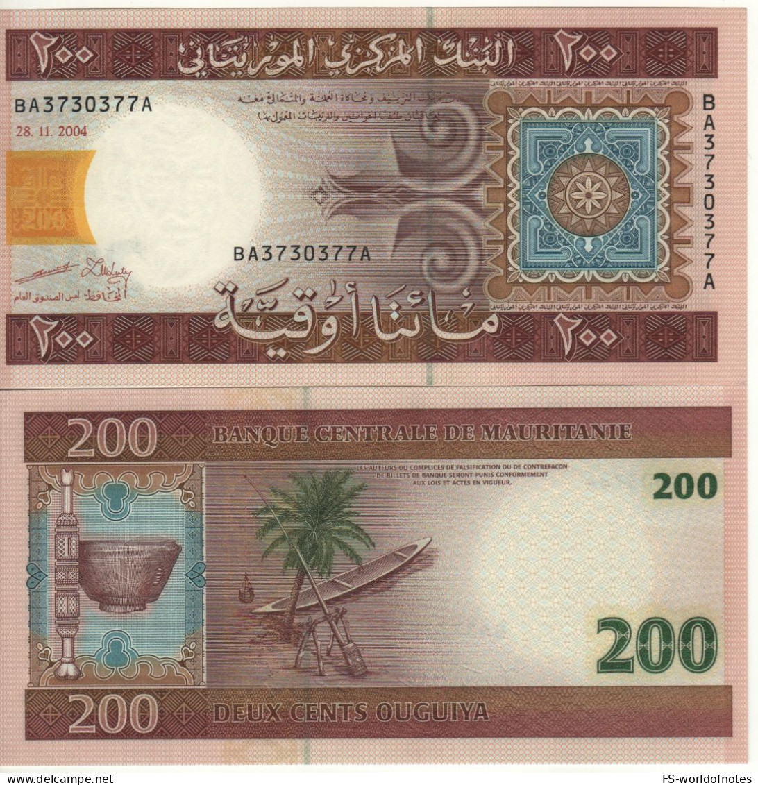 MAURITANIA   200 Ouguiya   P11a    Dated 28.11.2004    "Palm Tree + Canoe"  UNC - Mauritanien