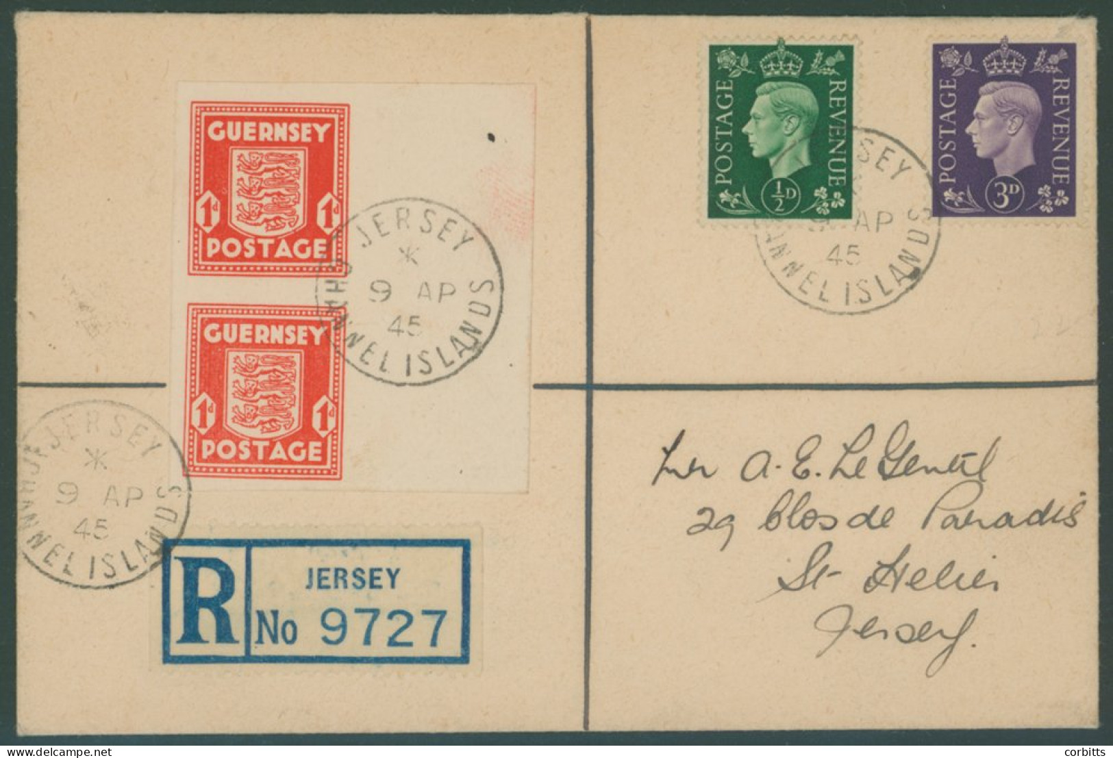 JERSEY 1945 Jersey Liberation Day Reg Cover, Franked With GUERNSEY Marginal IMPERF 1d Arms Vertical Pair, Plus GB KGVI ½ - Sonstige & Ohne Zuordnung