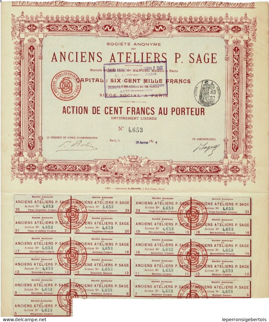 - Titre De 1898 - Société Anonyme Des Anciens Ateliers P. Sage - Imprimerie Richard - Industrie