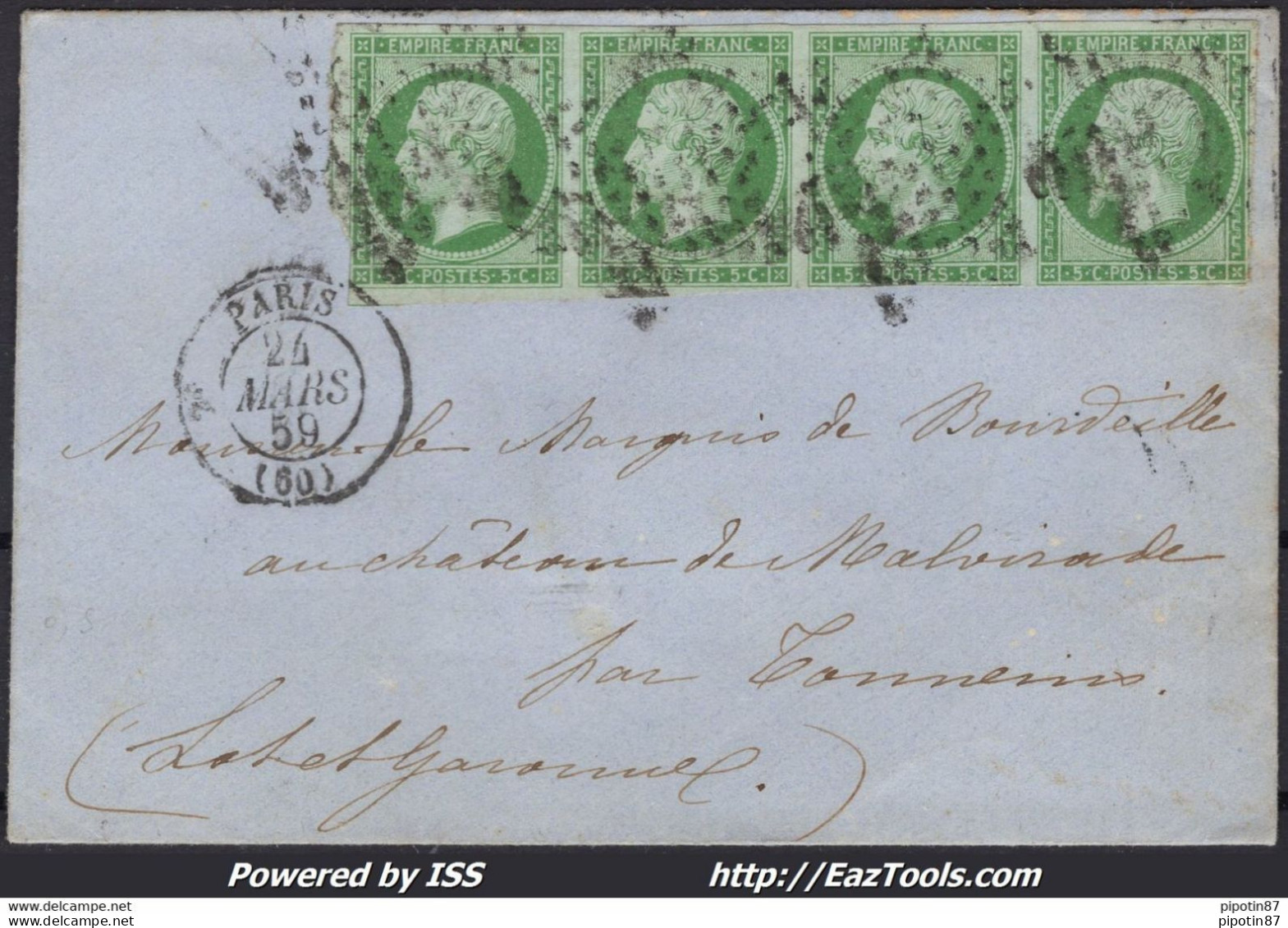 FRANCE BANDE DE 4 N°12 SUR LETTRE ETOILE MUETTE DE PARIS + CAD DU 24/03/1859 - 1853-1860 Napoleone III