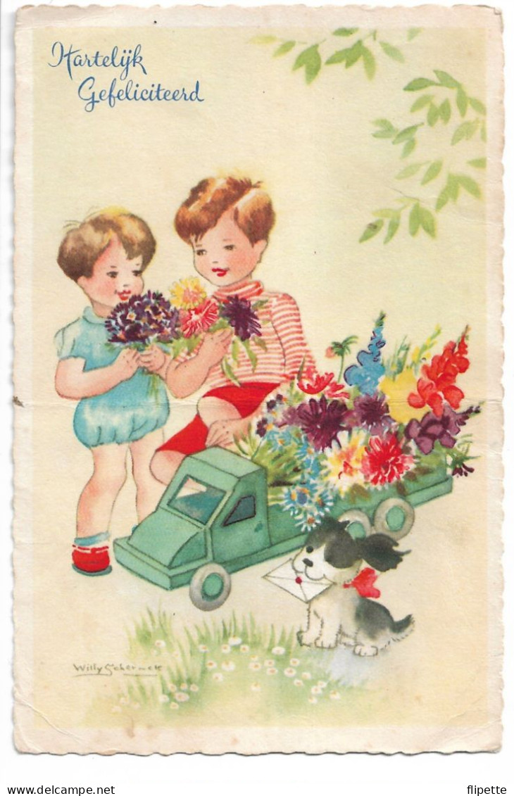 L15K49 - Hartelijk Gefeliciteerd - Illustrateur Willy Schermelé - Enfants Et Fleurs - Carte Hollandaise - GM - Schermele, Willy