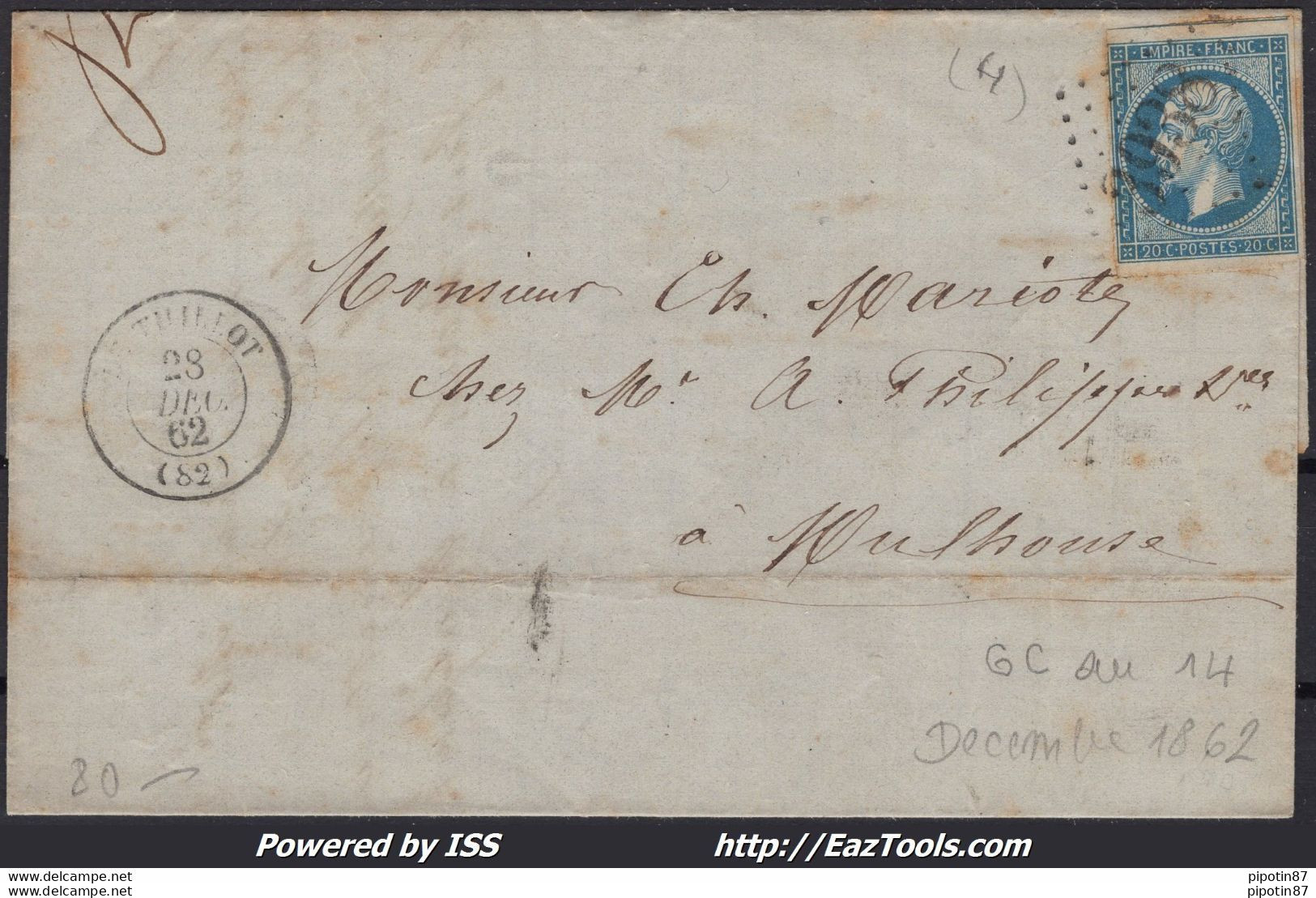 FRANCE N°14B SUR LETTRE AVEC GC 3938 LE THILLOT PRECOCE + CAD DU 28/12/1862 - 1853-1860 Napoleon III