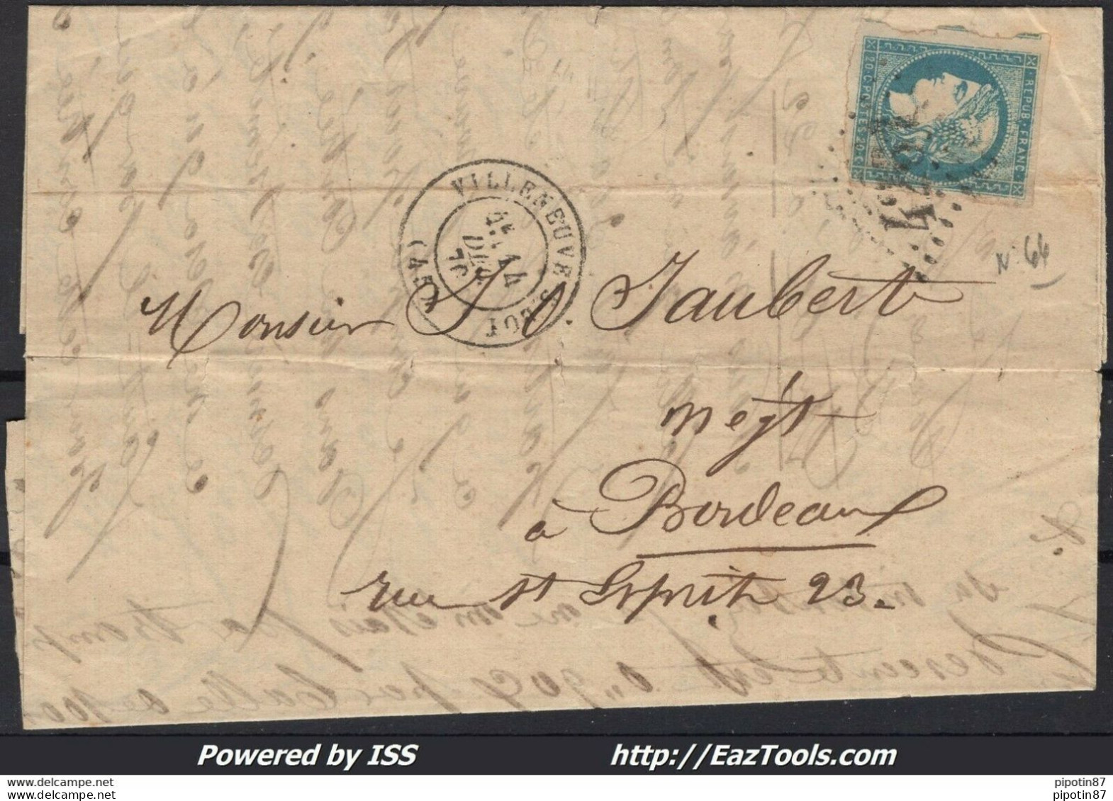 FRANCE N° 44A SEUL SUR LETTRE GC 4261 VILLENEUVE SUR LOT + CAD DU 14/12/1870 - 1870 Bordeaux Printing